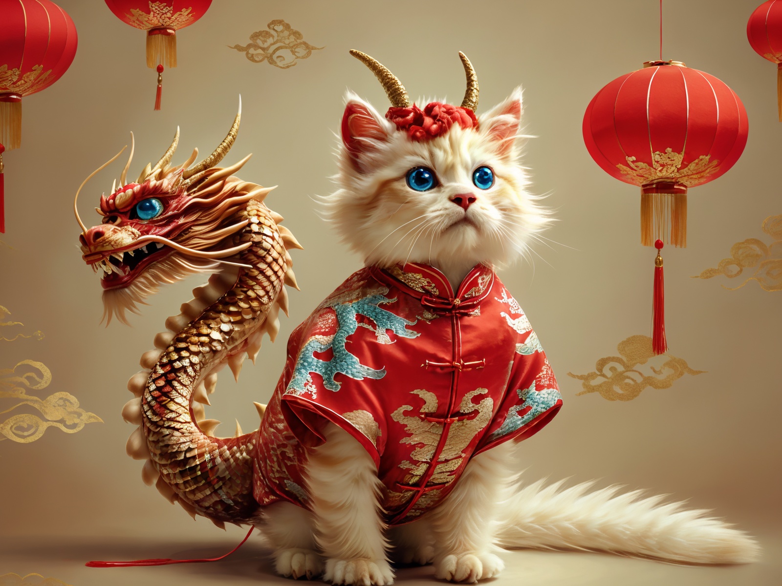 no humans,lantern,chinese new year,whiskers,paper lantern,animal focus,animal,dragon,eastern dragon,full body,chinese clothes,standing,horns,blue eyes,chinese zodiac,<lora:xiezhen-000010:0.6>,