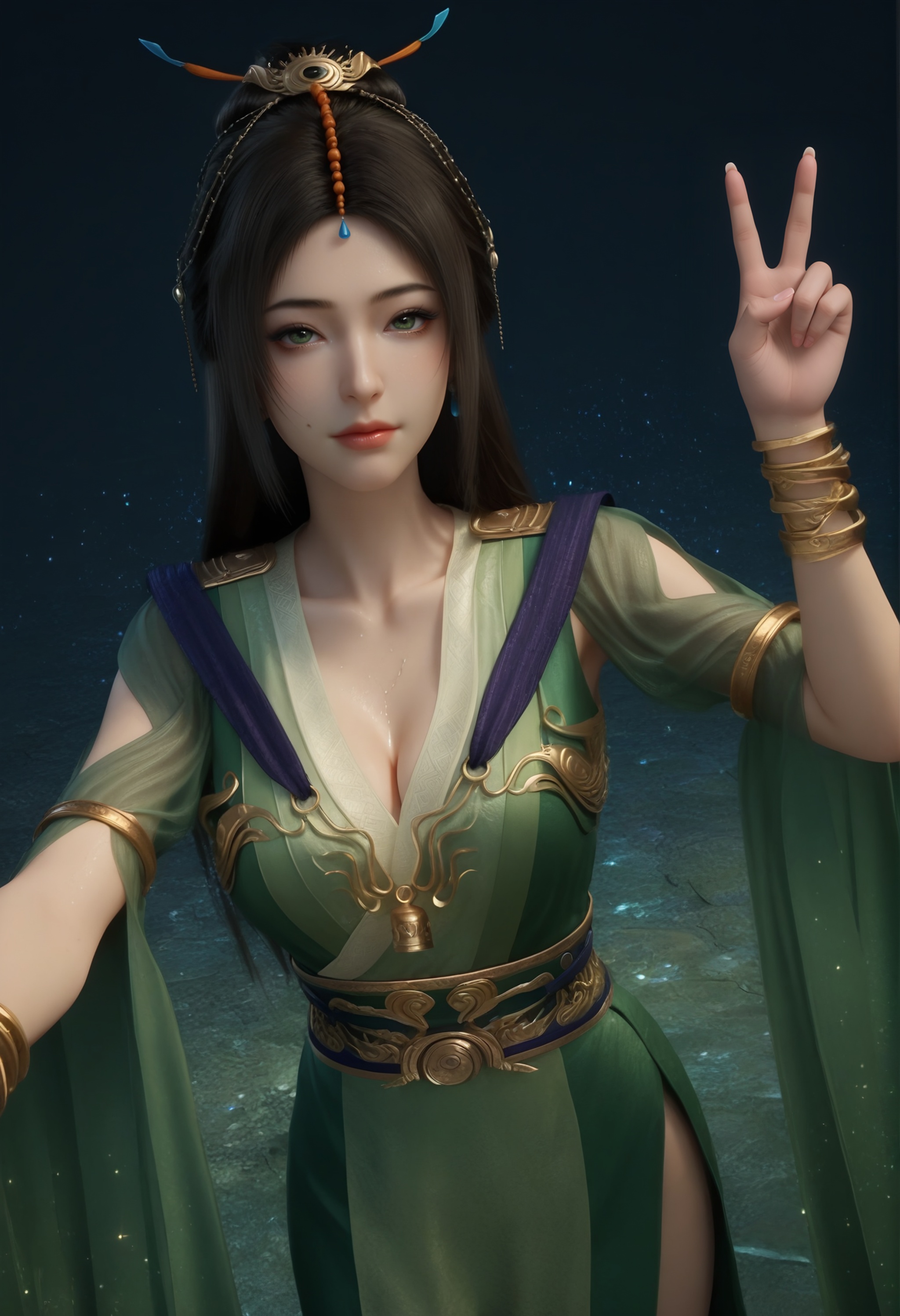 (score_9),cowboy shot,standing,<lora:柳玉-apony:0.83>,liuyu,1girl,solo,long hair,hair ornament,single hair bun,black hair,earrings,traditional dress,green_traditional dress,armlet,jewelry,waistband,chest bell,bracer,gold,see-through sleeves,mature_female,collarbone,pointy breasts,puffy breasts,(large teardrop breasts),teardrop breasts,teardrop breasts,cleavage,BREAK<lora:Expressive_H-000001:0.8>,light blush,Expressiveh,dutch angle,dynamic_angle,from above,selfie,v sign,closed mouth,<lora:皮肤凹痕:1.2>,fair_skin,(pale skin),(sweaty_skin),ultra-detailed skin texture,detailed textures,sweat,sweatdrop,BREAKsimple background,<lora:e色温:-0.25>,sparkle,sparkle background,4K ultra HD,sharp focus,high detail,high contrast,
