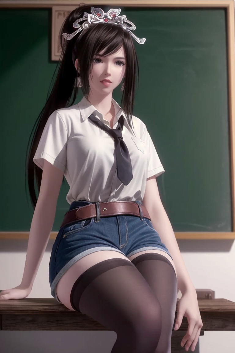 ((HRD, HUD, 8K)),((masterpiece, best quality)), highly detailed, soft light,1girl, solo, black hair, long hair, ponytail, hair ornament, tiara, black eyes, brown eyes, lips,(white shirt:1.2), necktie, denim shorts, black pantyhose,blurry background, classroom, chalkboard, sitting, cowboy shot, looking at viewer, <lora:20240430-1714439888539:0.7>