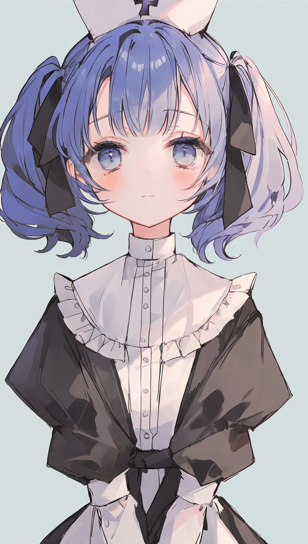 1girl,solo,nurse cap,hat,twintails,blue eyes,blue hair,blush,upper body,grey background,looking at viewer,closed mouth,bangs,puffy sleeves,dress,simple background,nurse,hair ribbon,ribbon,frills,white headwear,black dress,