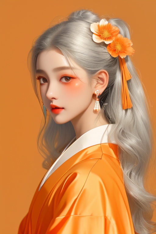 1girl,o_style,o_style, solo, 1girl, orange background, looking at viewer, flower, simple background, japanese clothes, kimono, long hair, earrings, jewelry, upper body, orange theme, grey eyes, grey hair, white flower, red lips, makeup, from side, hair ornament, branch, closed mouth, hair flower<lora:o_style_512_dreamshaper_8:0.8>,