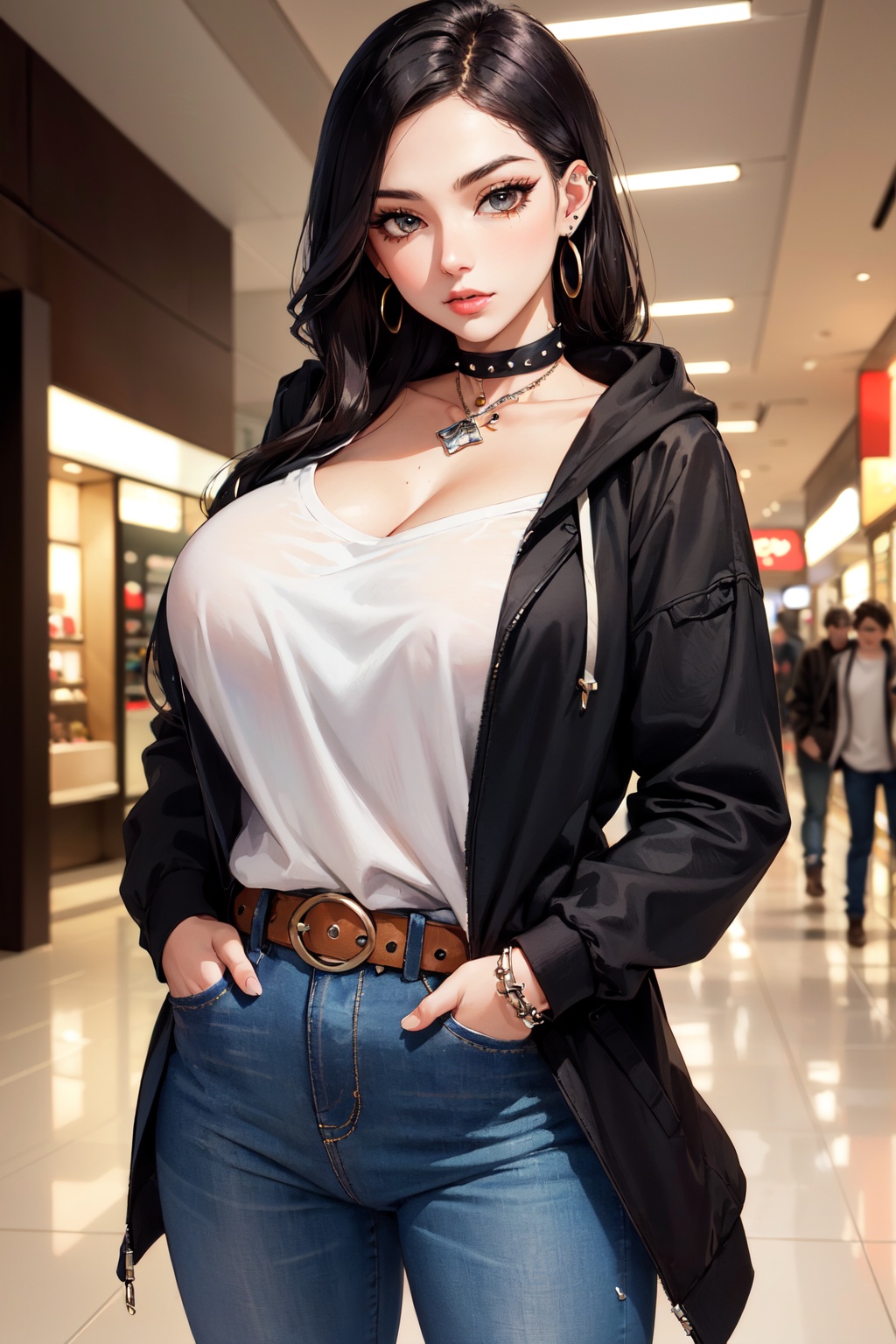 (masterpiece, best quality, hires, high resolution:1.2), (beautiful, aesthetic, perfect, delicate, intricate:1.2), (depth of field:1.2), (1girl, solo), (fantasy), (sexy goth girl), (18yo), (eyeliner, eyelashes, eyeshadow, glossy lips), (long hair), (huge breasts), (open hoody), (piercings, earrings, collars, bracelets), (spike choker), (black jeans pants), (multiple belts), (hands in pocket), (at mall), (cowboy shot:1.4),