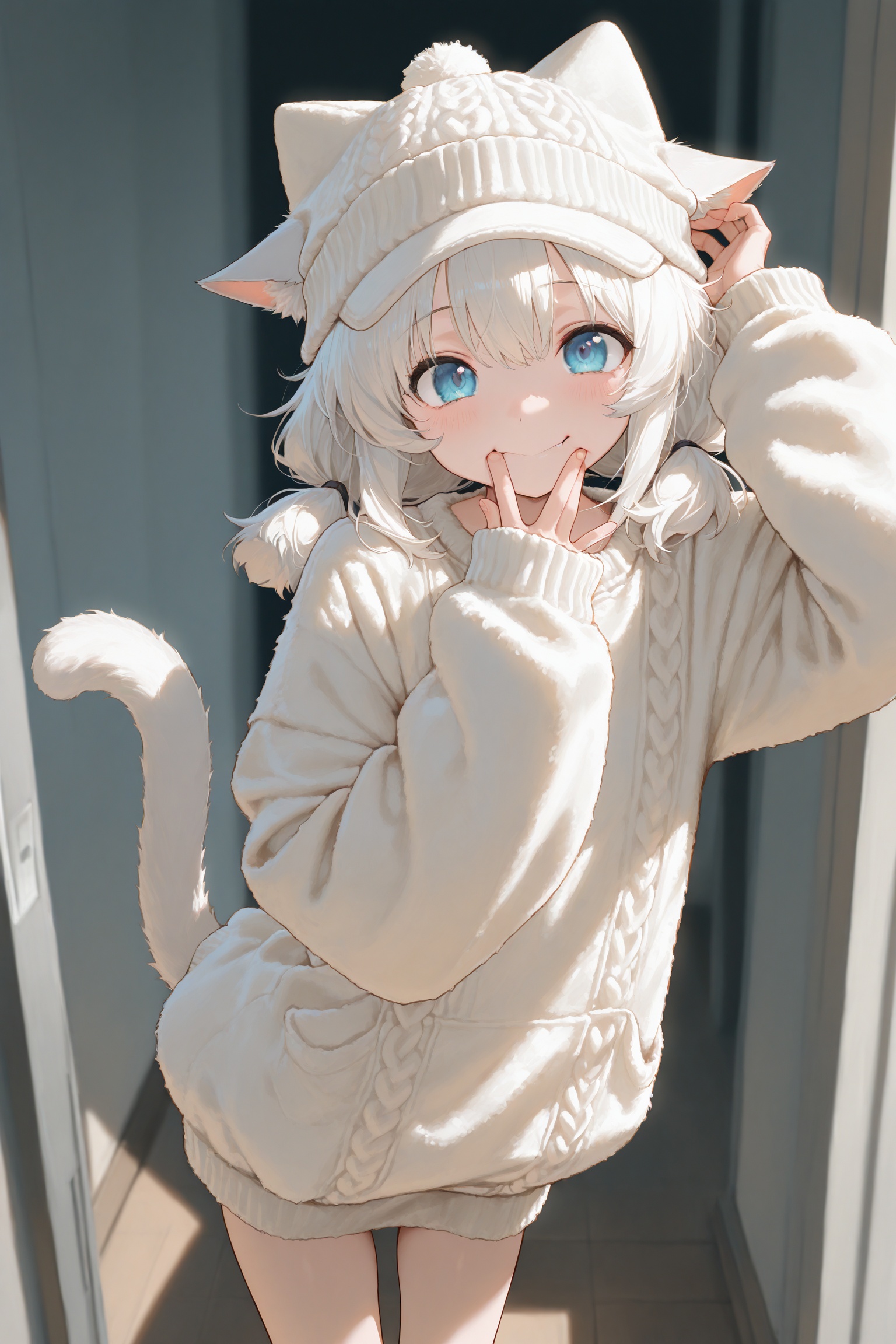 masterpiece,best quality,amazing quality,very aesthetic,absurdres,newest,1girl,catgirl,fluffy sweater,cute hat,pullover cap,ears sticking out of the hat,scratching your head,happy,mouth open,fingers hooked to your mouth,white_hair，low_twintail,cyan_eyes,