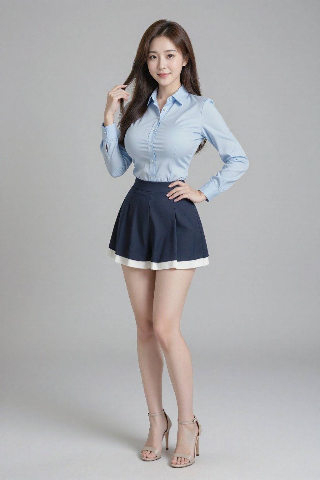 A photograph of an Asian woman with long, straight, brown hair, standing against a plain gray background. She is wearing a light blue, long-sleeve button-up blouse with a fitted waist and a dark blue pleated skirt with white trim, accentuating her slim figure. Her skin tone is fair, and she is wearing beige high-heeled sandals. She has a confident smile, with one hand on her hip and the other touching her hair. The image is well-lit, emphasizing her youthful and professional appearance, long legs,