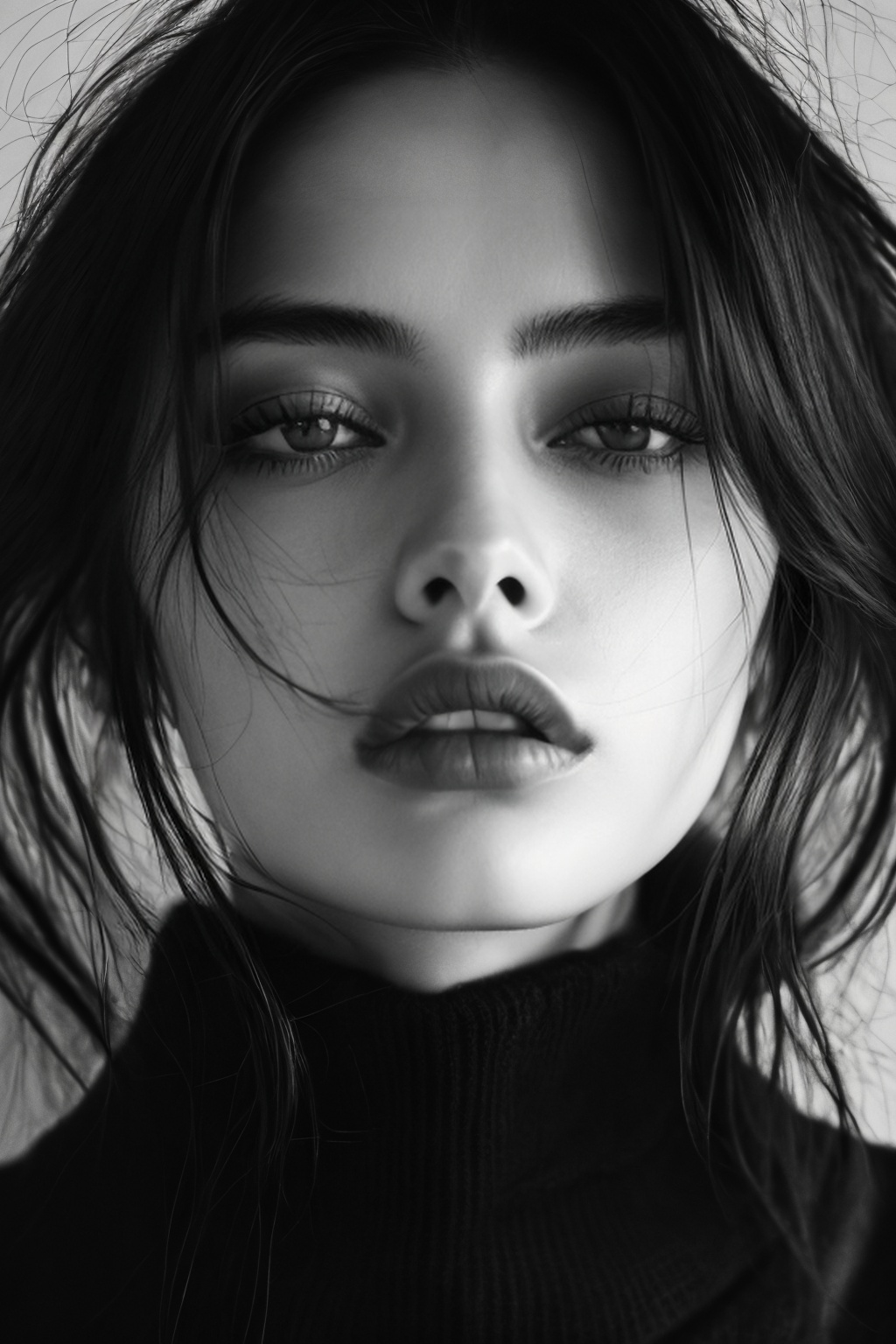 monochrome,1girl,solo,greyscale,looking at viewer,long hair,black background,realistic,parted lips,portrait,turtleneck,, masterpiece, best quality,