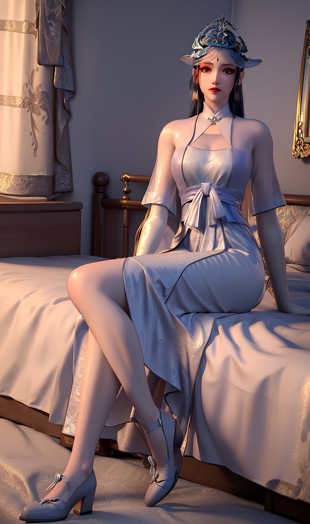 3D,masterpiece,(best quality),(makeup),official art, extremely detailed cg 8k wallpaper,((crystalstexture skin)), (extremely delicate and beautiful),(highly detailed),(face),((tiara)),(collar),hat,(1girl), (solo), (jewelry), (earrings),(black_hair),(long_hair),(hair_ornament),(handwear),(breast),(gloves),((sitting)),((full_body,whole_body)),(long_dress),(long_skirt),(chinese_clothes),(multicolored_clothes),(multicolored_dress),(closed_mouth),,((looking_at_viewer)),((Facing the camera)),(shoes),(cloth_shoes),(flat_shoes),(room,bed), <lora:hipoly3DModelLora_v10:0.3>