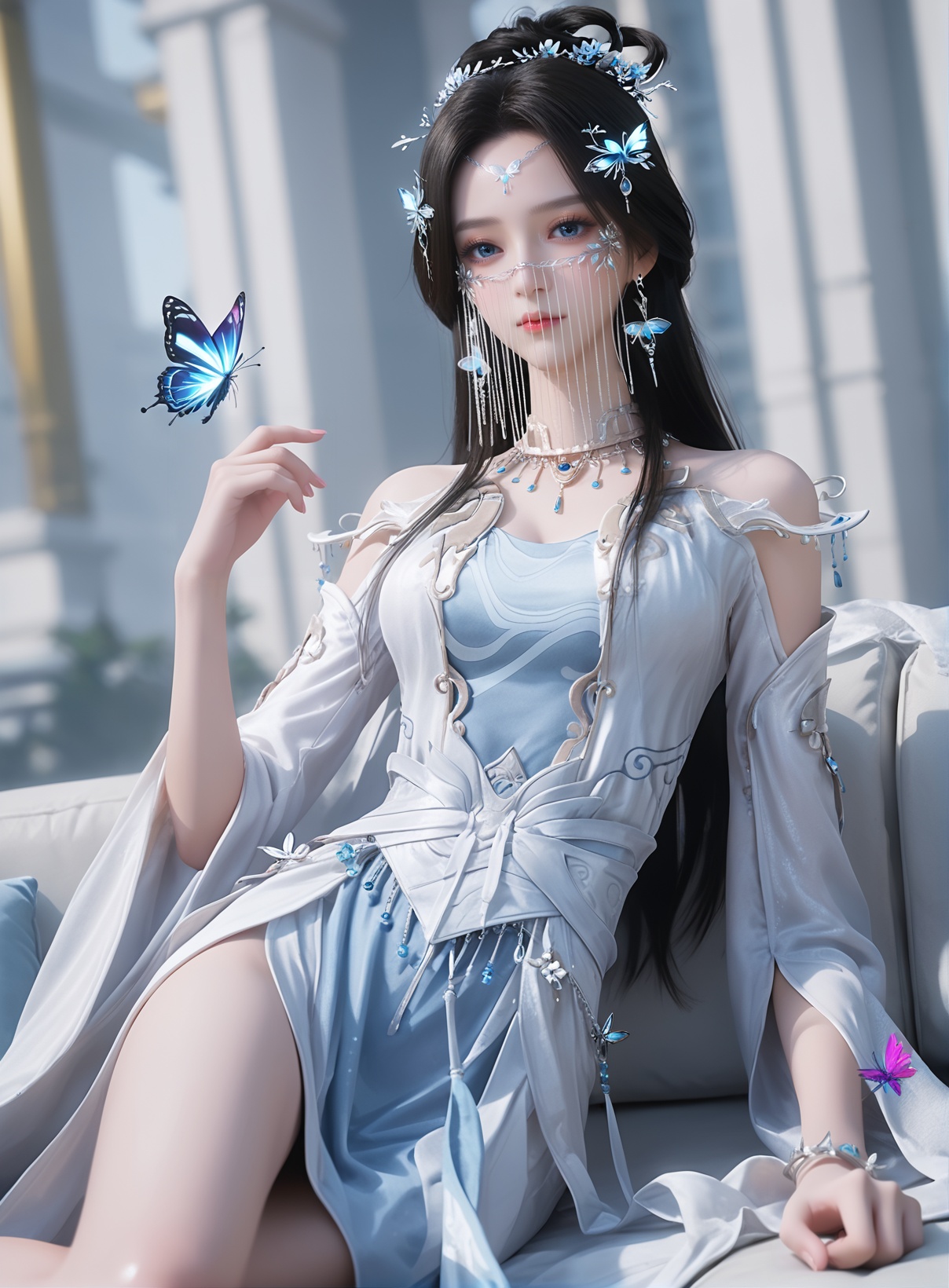 score_9,score_8_up,score_7_up,detail clothes,best quality,sfw,censored,simple background,<lora:安妙依-遮天-Pony-000012:0.7>,anmiaoyi,1girl,dress,solo,necklace,earrings,makeup,mouth veil,looking at viewer,facial mark,long hair,hand up,side slit,colorful,wind lift,expressionless,pale skin,indoors,on couch,lying,on side,leaning,dutch angle,skinny,sparkle,(glowing),((glowing butterflies)),(butterfly at fingertips),colorful butterfly,shiny skin,BREAK rim light,face the light,
