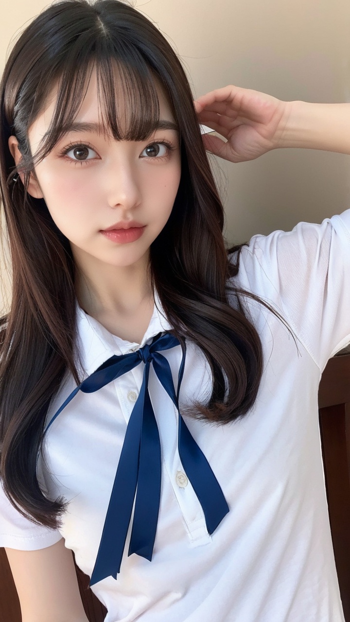 <lora:沙月芽衣-1:0.6>,syyy, 1girl, solo, brown hair, realistic, brown eyes, shirt, looking at viewer, white shirt, collared shirt, ribbon, upper body, neck ribbon, school uniform, long hair, lips, arm up, short sleeves, bangs, blue ribbon