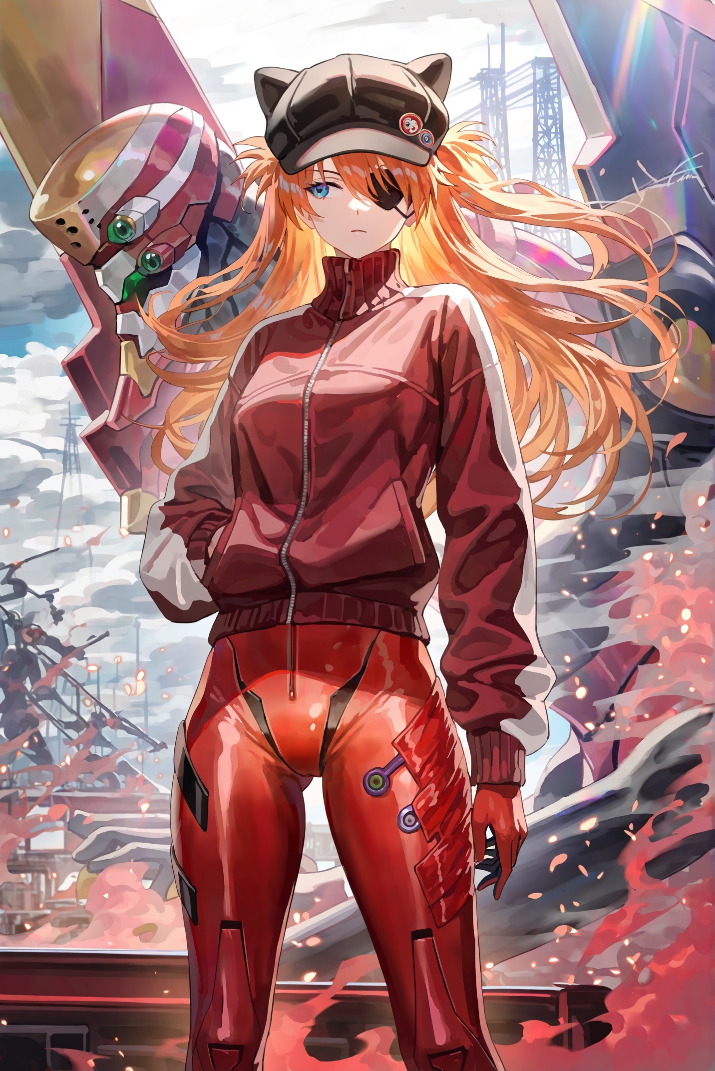 masterpiece,best quality,good quality,((artist:reoen),(artist:fuzichoco),(artist:atdan),(artist:torino_aqua),year 2024:0.8),<lora:jijia-gnoobv-Tanger-000014:0.7>,jijia, 2d, anime, neon genesis evangelion, souryuu asuka langley, plugsuit, 1girl, hat, jacket, red bodysuit, red jacket, eyepatch, eva 02, long hair, robot, mecha, blue eyes, smoke, bodysuit, black headwear, animal hat, orange hair, cat hat, glowing, evangelion \(mecha\), track jacket, standing, long sleeves, bangs, pilot suit, green eyes,a woman in a red outfit standing next to a giant robot,a drawing of a person standing in front of a robot