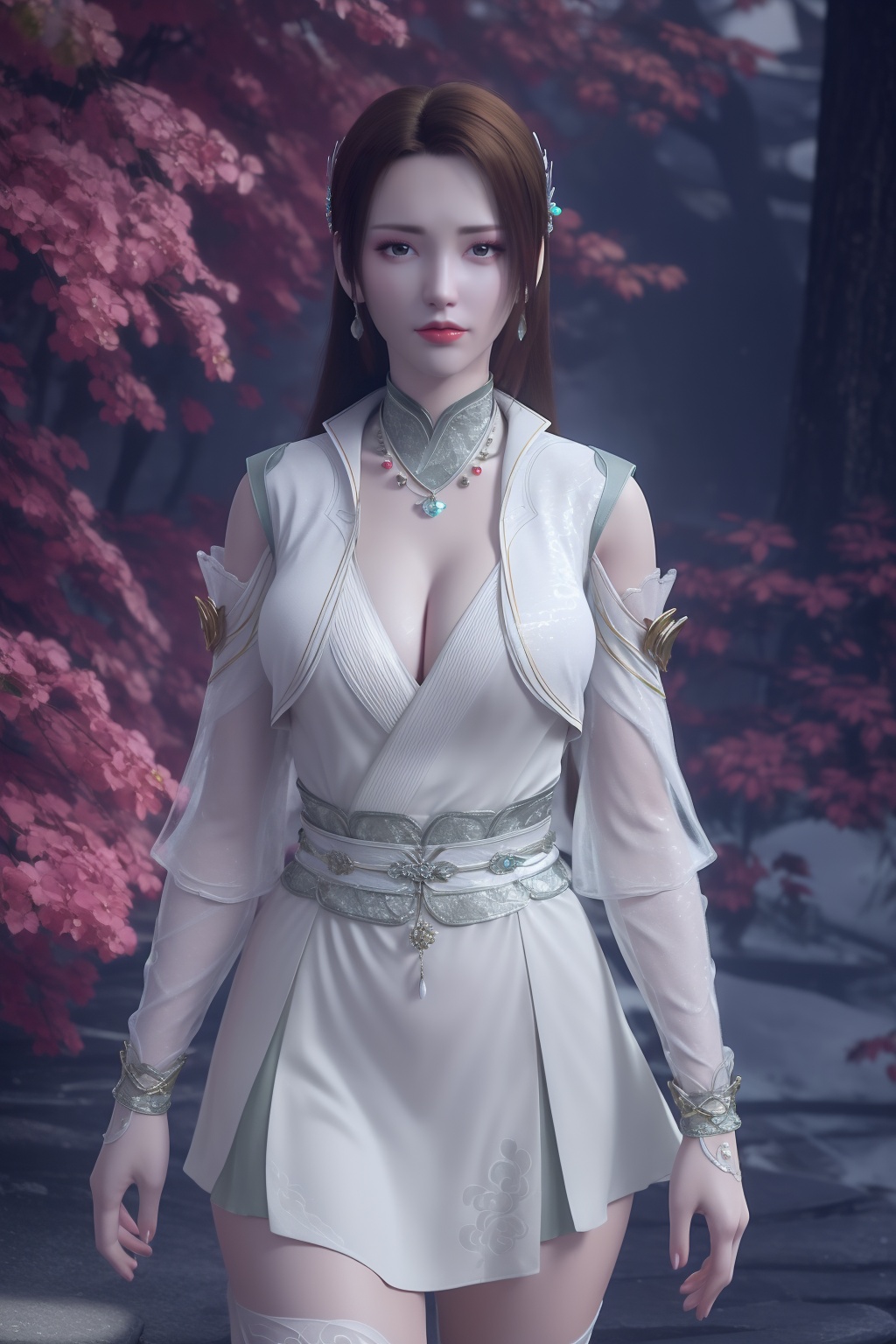 photo_\(medium\),(8k, RAW photo, best_quality),(masterpiece:1.2),(realistic:1.2),(photorealistic:1.3),(ultra-detailed),(extremely_detailed_cg_8k_wallpaper),(crystal_texture_skin:1.3),(shiny:1.2),(shiny_skin:1.4),(extremely_delicate_and_beautiful),petals,flower,sky,cherry blossoms,falling petals,shenfengNaLanYanRan,1girl,solo,dress,torogao,red lips,breasts,chinese clothes,large breasts,detached sleeves,standing,jewelry,hair ornament,earring,necklace,realistic,looking at viewer,<lora:shenfengNaLanYanRan_20240712003050-000004:0.7>,