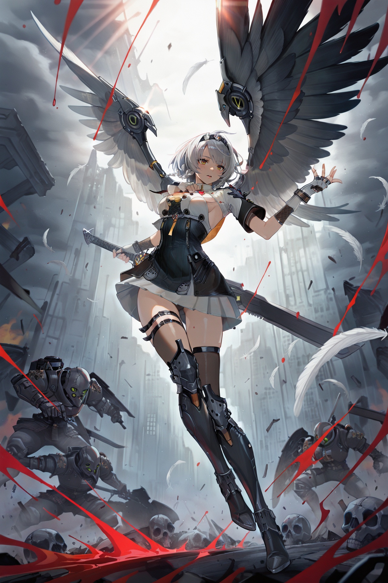 <lora:jijia-gnoobv-Tanger-000014:0.7>,Dynamic illustration,full body,swordsman with white hair,wielding a katana up with dripping blood,double wings,giant wings,feathers falling,battlefield,pile skulls,dark fantasy,dramatic lighting,highly detailed armor,art by Yoshitaka Amano and Ayami Kojima,intricate details,masterpiece,best quality,absurdres,very aesthetic,very awa,newest,748cmstyle,usnr,gbf_style,usnr,<lora:add-detail-xl:0.8>,<lora:anbinew-ill-Tanger-000013:0.9>,anby demara \(silver soldier\),(clothes: silver soldier black and white short dress:1.1),silver soldier clothes,1girl,black knee boots,fingerless gloves,hairband,