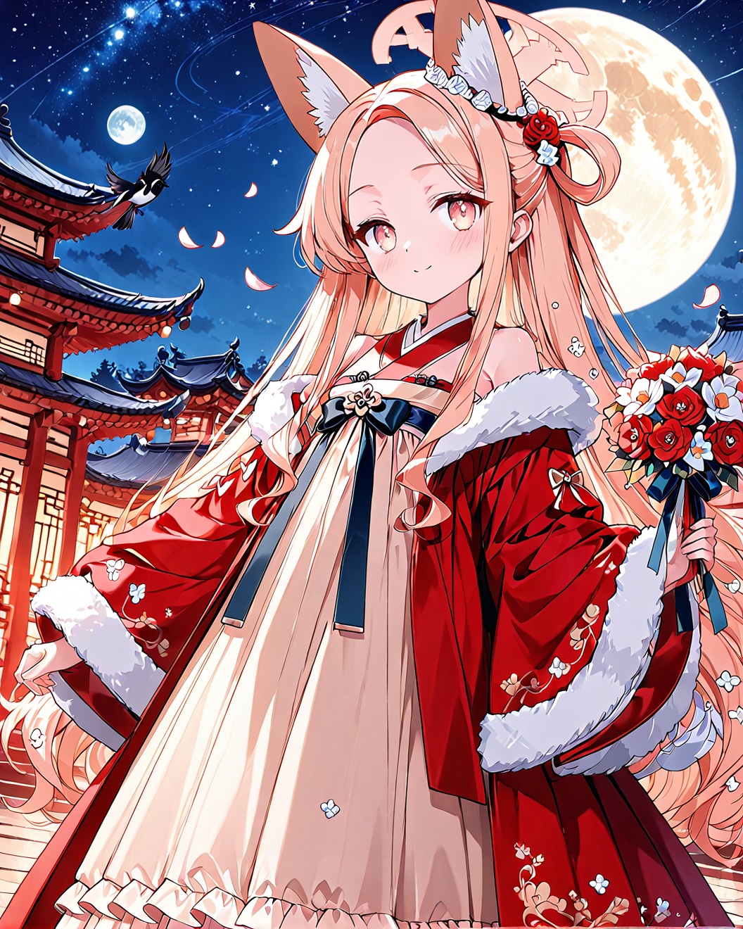 O,seia(blue_archive),Hanfu,moon,flowers,hair accessories,long hair,night,flowers,full moon,wide sleeves,blusher,ribbon,decoration,hair ring,platform,dress,night sky,headband,holding,fur trim,extremely long hair,galaxy,magpie,petal,bouquet,architecture,long sleeves,blooming,East Asian architecture,night sky,wide sleeves,closed mouth,happy,accurate,best quality,anatomically correct,red eyes,Nai3 style (Nai3:1.4),extremely detailed CG unified 8k wallpaper (high quality),very exquisite and beautiful,masterpiece,super fine CG unified 8k wallpaper,masterpiece,best quality,super fine,beautiful and delicate eyes:1.2,(UHD),anatomically correct,accurate,textured skin,super detail,high details,award winning,best quality,high quality,retina,HD,16k,1080P,