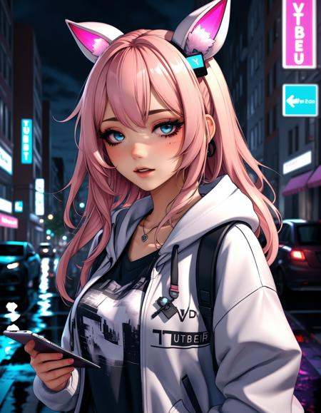 a failed vtuber working the streets,  night district,  hyperrealistic on Tensor.Art