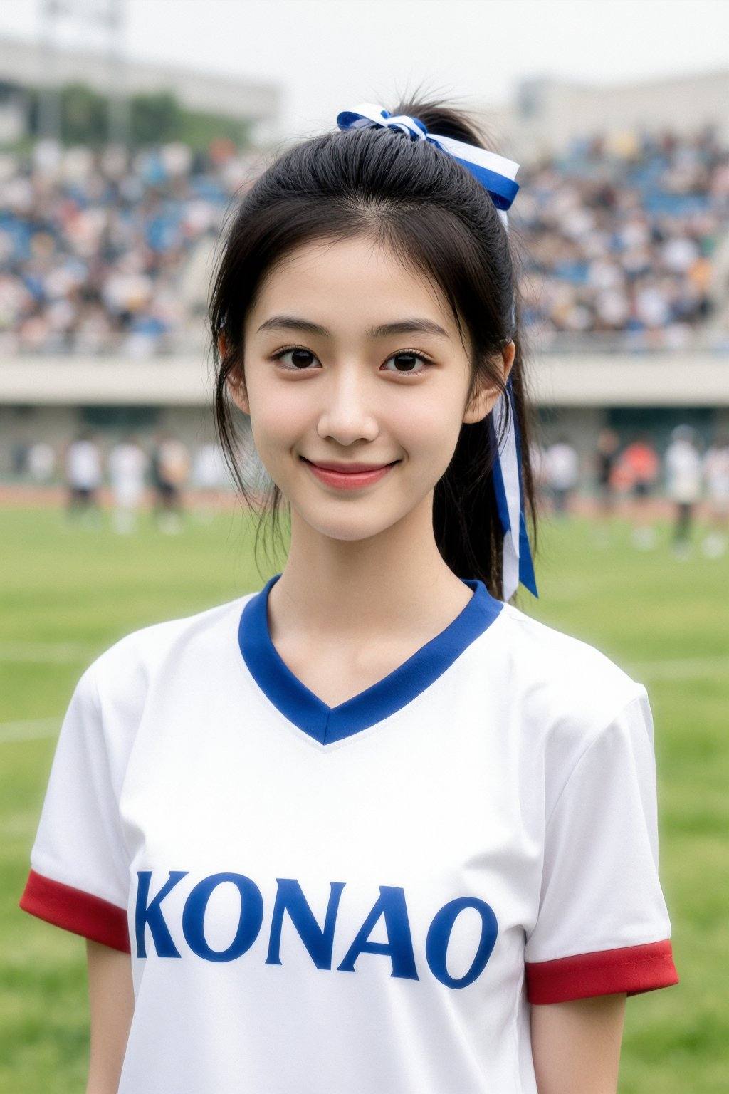 一位大约18-22岁的年轻亚裔女性,面带微笑地直视镜头,她身穿一件白色运动T恤,蓝色V领,红色袖口,胸前印有蓝色粗体字的“KONAO”字样,她深色的头发高高束成马尾,用蓝白相间的丝带扎着,她肤色白皙,五官柔和,她有一双深棕色的眼睛,表情开朗亲切,给人一种友好亲切的感觉,背景是一片模糊的运动场,看台上坐满了观众,光线柔和而漫射,略带阴天,投下淡淡的阴影,画面色彩明亮,翠绿的场地与白色的T恤和蓝红的装饰形成鲜明对比,这是一张中景照片,拍摄于胸部以上,景深略浅,使人物的脸部清晰锐利,整体氛围轻松明快,仿佛置身于一场热闹非凡的体育赛事之中,