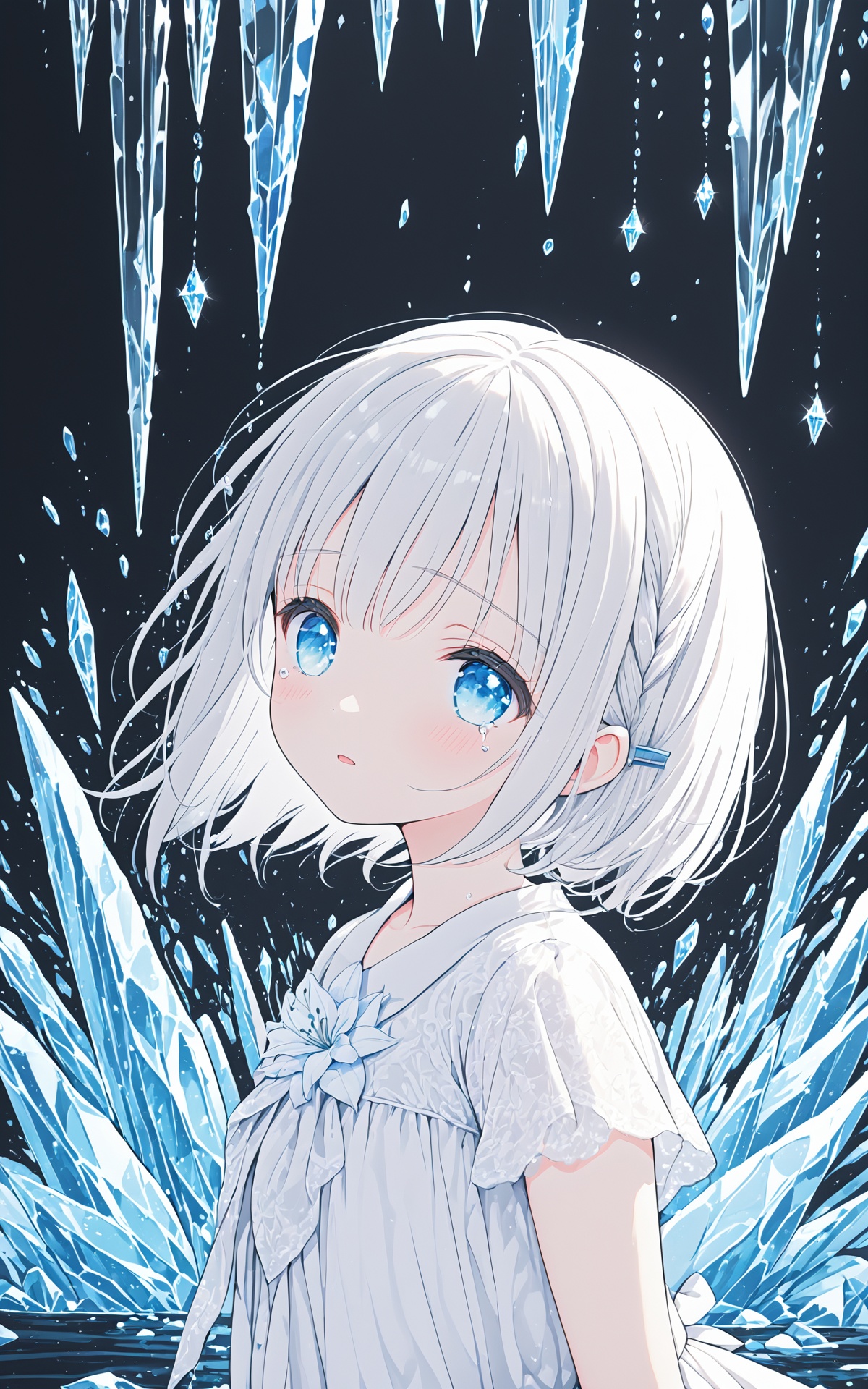 (masterpiece),(best quality),1 girl,loli,White Dress,White short hair,braids,lily flower hair clip,upper body,cry,water,black background,Ice crystal,dappled sunlight,Suspended colorless crystal,beautiful detailed glow, (detailed ice), beautiful detailed water,
