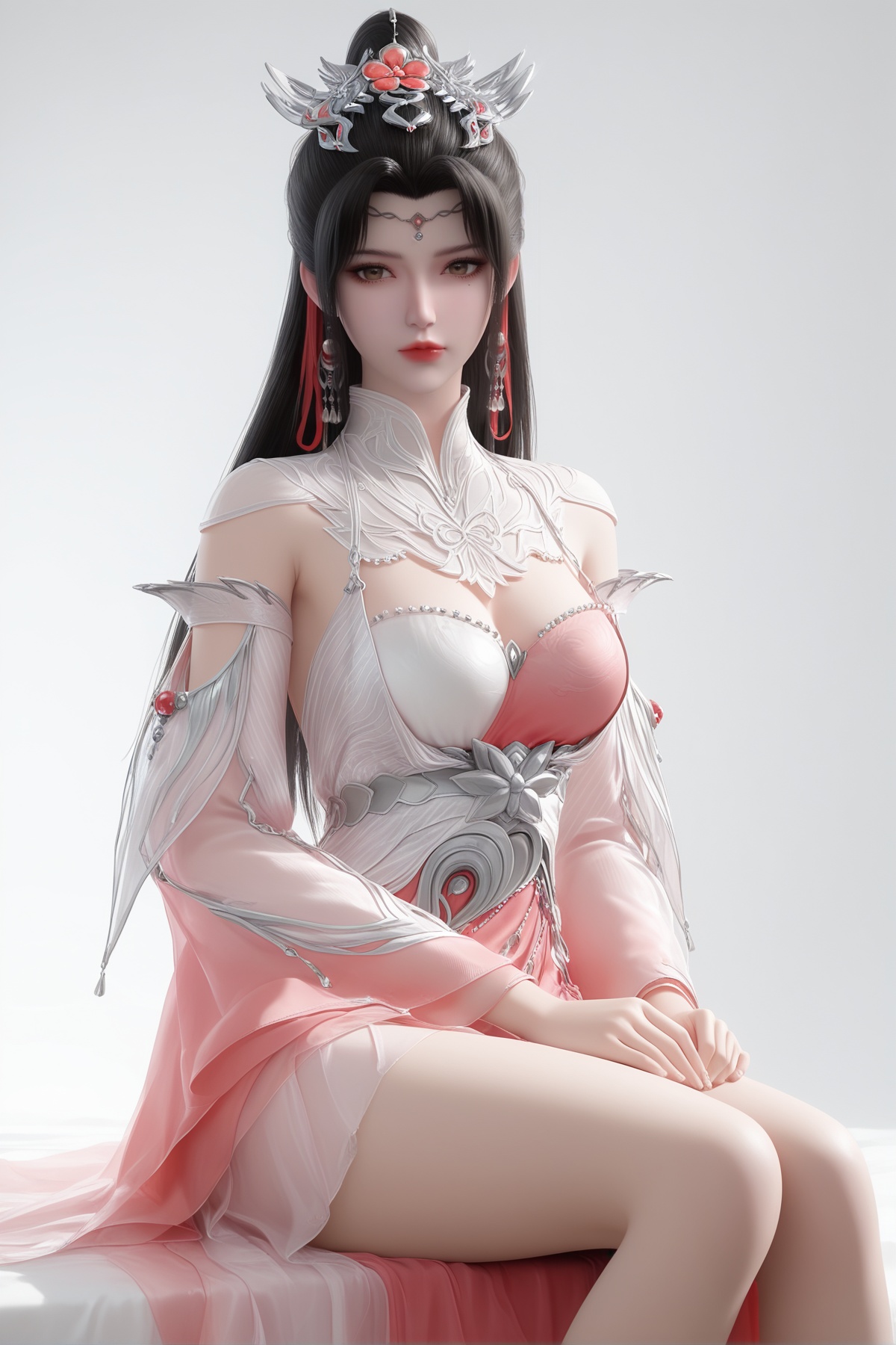 masterpiece,best quality,realistic,cinematic,detail eyes,(ultra-detailed),perfect composition,intricate details,absurdres,detailed face,high quality,high res,8K,<lora:X_liumei_IL3.0:0.8>,black hair,brown eyes,1girl,long hair,breast,medium breast,hair_ornament,dress,pink dress,asymmetric dress,simple background,white_background,looking_at_viewer,bare_legs,sitting,
