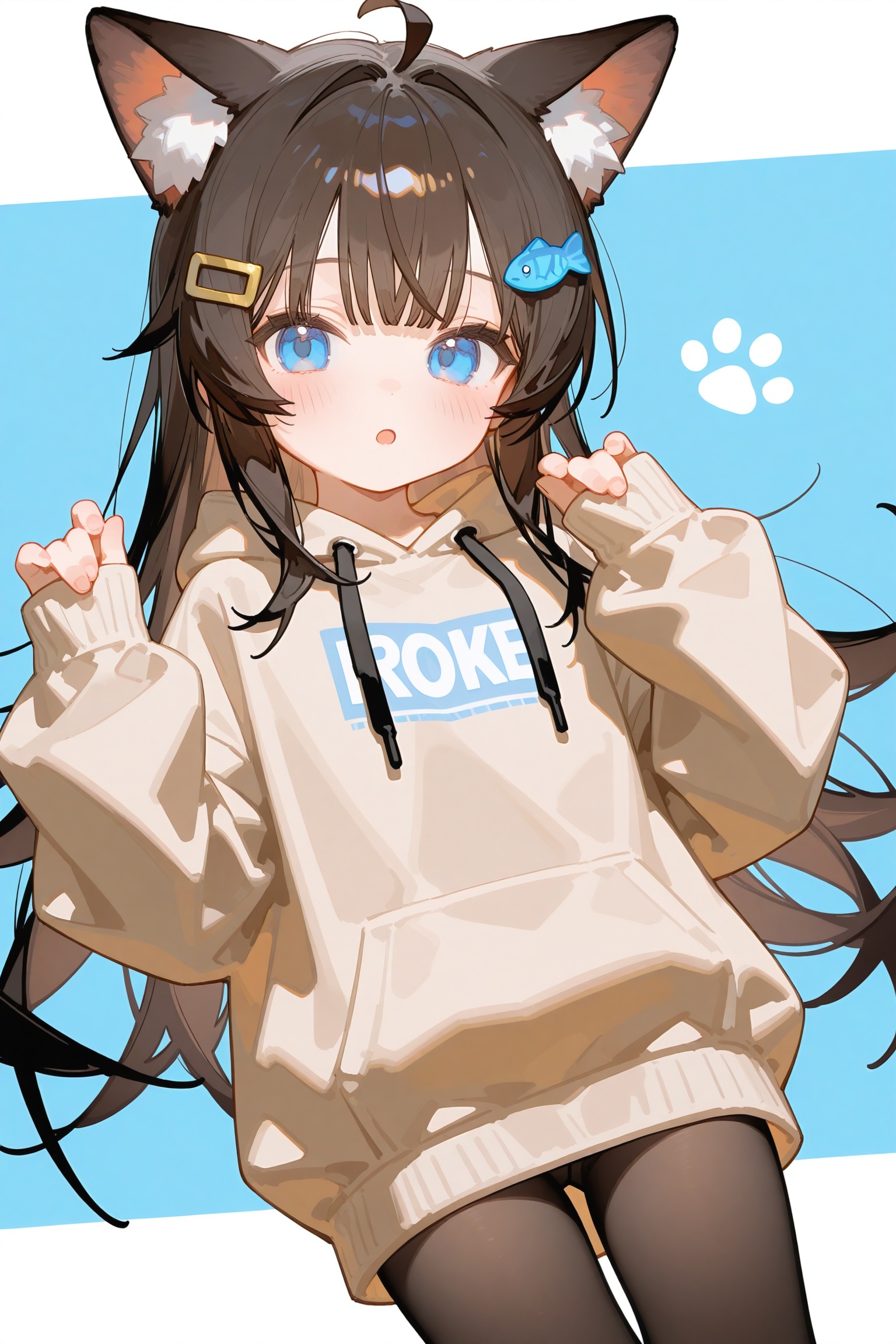 masterpiece,best quality,high quality,loli,chromatic_aberration,Light Blue Theme,1girl, solo, long hair, looking at viewer, blush, bangs, blue eyes, brown hair, hair ornament, long sleeves, white background, animal ears, very long hair, ahoge, pantyhose, parted lips, hairclip, puffy sleeves, cat ears, hood, :o, animal ear fluff, sleeves past wrists, black pantyhose, hands up, hoodie, feet out of frame, hood down, cat girl, clothes writing, two-tone background, puffy long sleeves, drawstring, cat hair ornament, fish hair ornament, brown hoodie