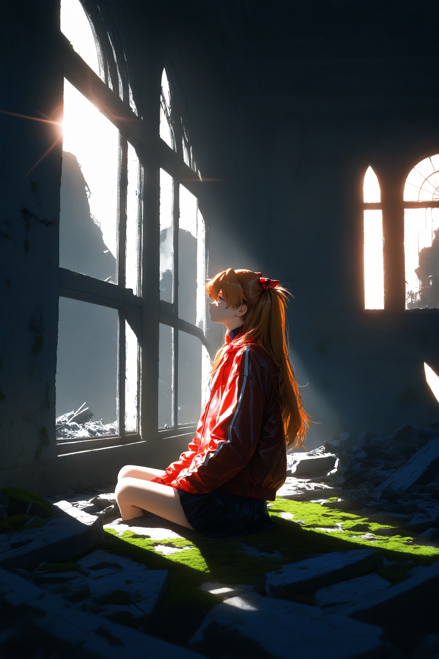 masterpiece,best quality,amazing quality,very aesthetic,absurdres,newest,highres,knva,retro artstyle,bloom,high contrast,detailed texture,souryuu asuka langley,1girl,solo,low light,jacket,upper body,rubble_ruins,moss,window,the sun shines through the window,ray tracing,from side,sitting on the ground by the window,