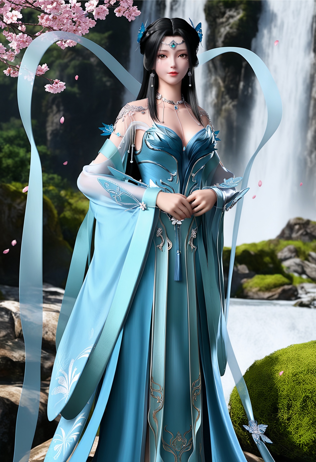 masterpiece,best quality,amazing quality,high resolution,ultra-detailed,absurdres,(looking at viewer:1.1),(upper body:1.2),(moody lighting:1.1),waterfall,peach blossom,falling petals BREAK (large breasts:0.8),jianglisz,1girl,solo,black hair,long hair,hair ornament,jewelry,earrings,necklace,dress,blue dress,butterfly hair ornament,bare shoulders,brown eyes,glowing light blue ribbons,shawl,shoes,blue footwear BREAK photorealistic details,<lora:QQSilljiangliszV1:0.8>,