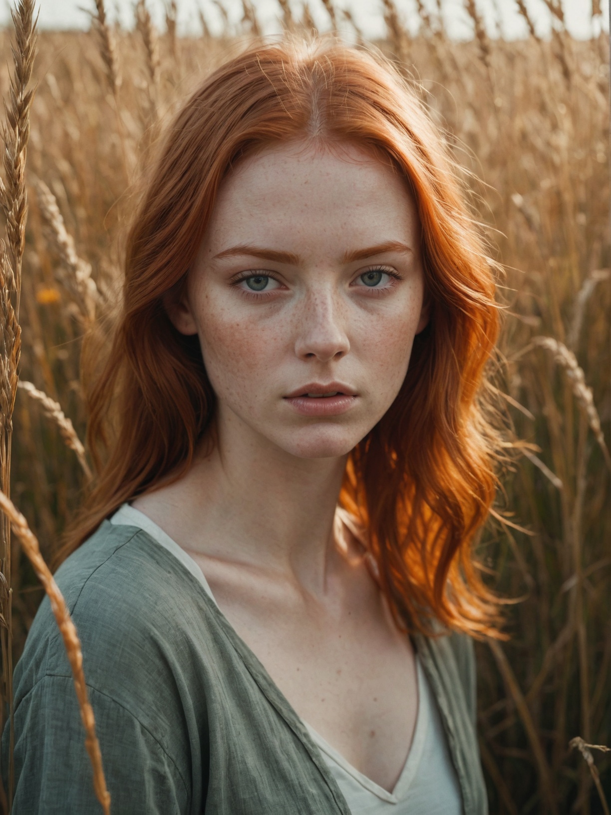 cinematic film still,  close up,  photo of redheaded girl near grasses on Tensor.Art