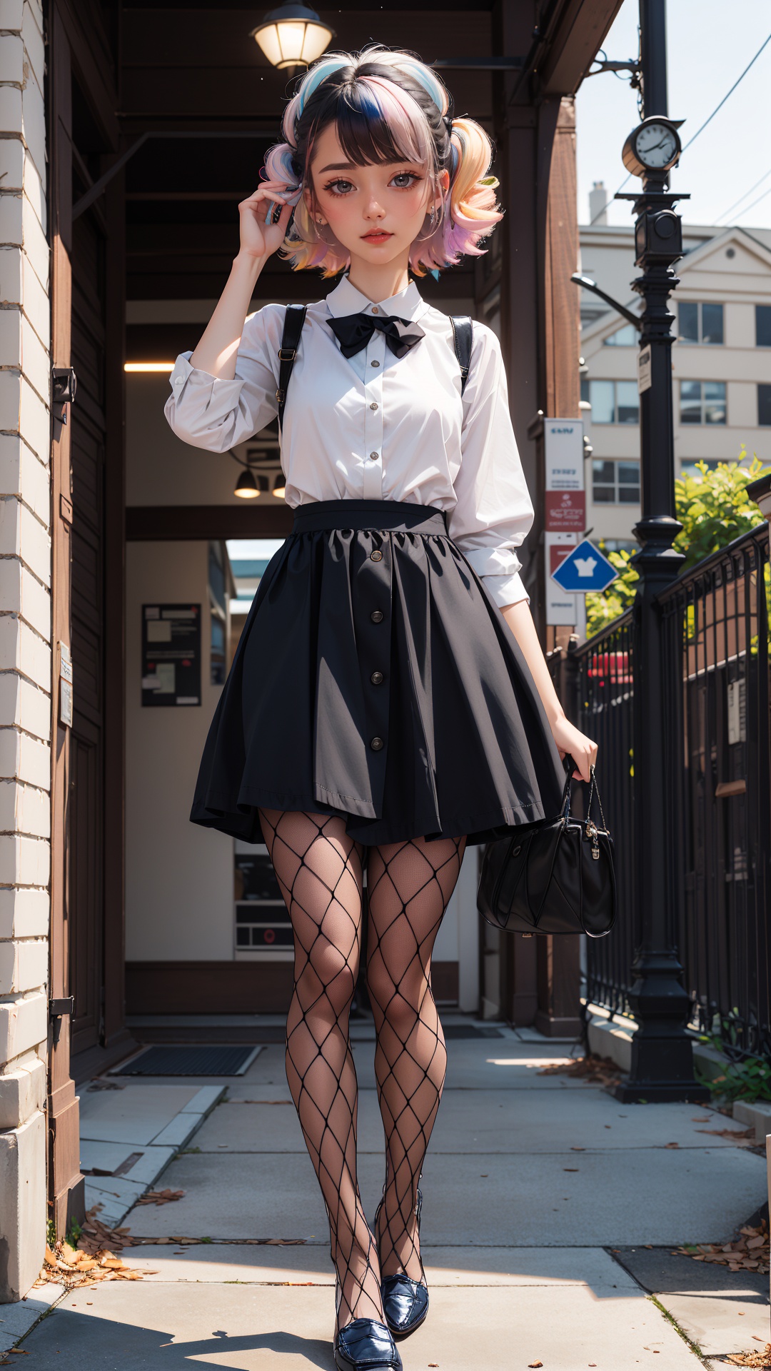 (tutututu),fishnet pantyhose,loafers,<lora:merged_0002:1>,(masterpiece:1.1),(highest quality:1.1),(HDR:1),girl with really wild hair,mane,multicolored hairlighting,(from front:0.6),