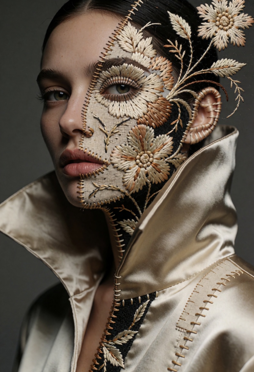 ta86_realityfracture,  close-up portrait of a woman in three-quarter view wearing a high silk collar,  asymmetrical framin...
