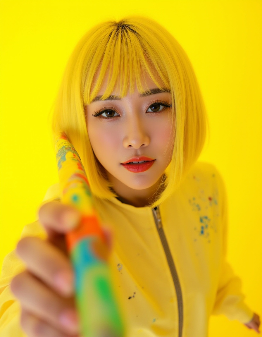 Masterpiece, Top quality, beautiful Korean woman, doll-like face, clean skin, neat lemon yellow bob cut splattered with glowing paint, bright mischievous creative smile, school art club smock-style power suit, tough canvas-like armor, active pose, holding a giant high-tech paintbrush dripping with glowing multi-colored paint near her face, intensely saturated monochromatic bright yellow background, POV, high angle, face-focused close-up, looking up at viewer
