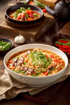 depth of field, chinese food, realistic, food, no humans, steam, bowl, meat, noodles, spring onion, food focus, vegetable, ramen, still life, soup