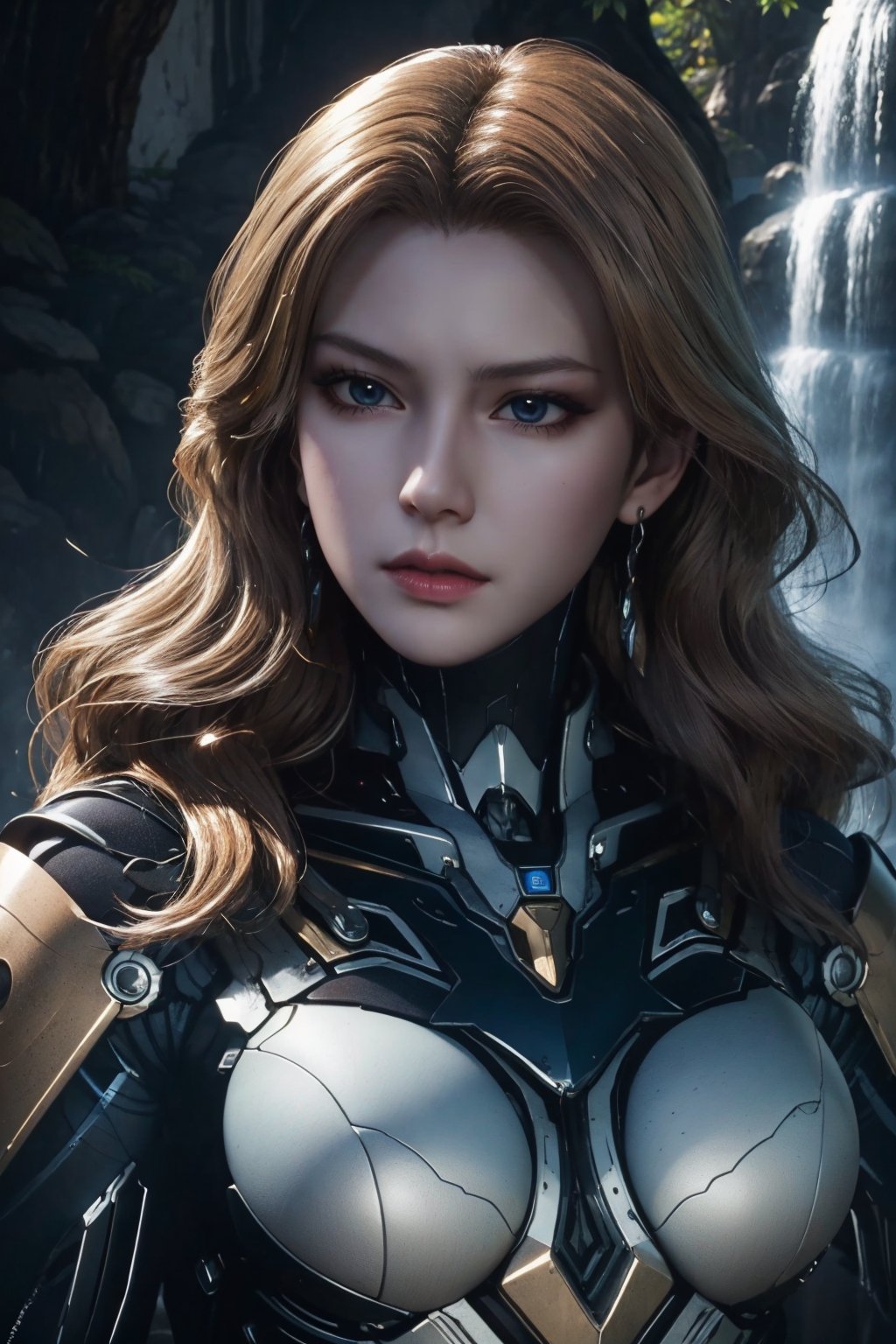 masterpiece,best quality,official art,extremely detailed CG unity 8k wallpaper,1girl,upper body,<lora:姑妈:0.55>,mecha,face,waterfall,
