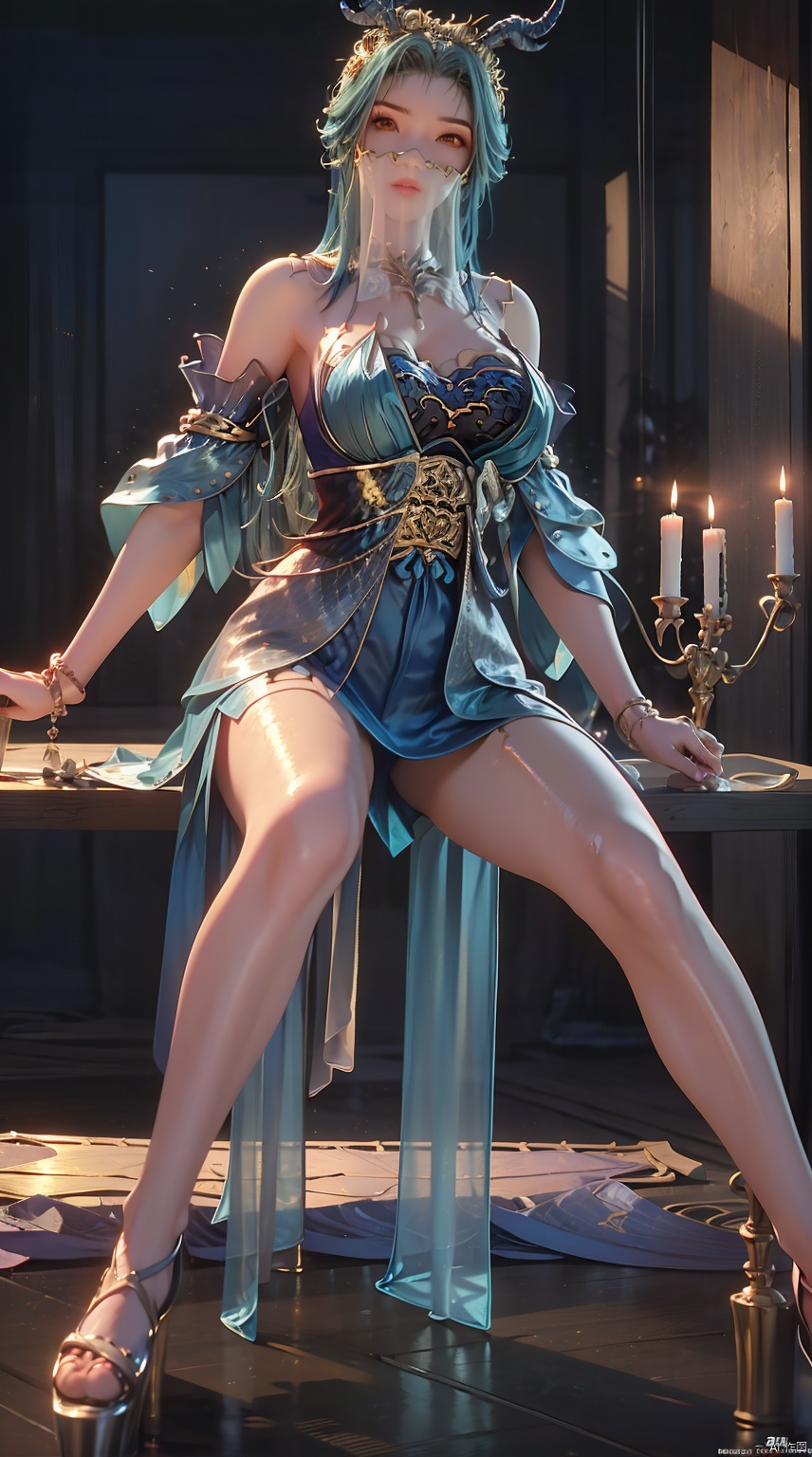 1girl, solo, long hair, looking at viewer, bare shoulders, closed mouth, blue hair, yellow eyes, upper body, horns, blurry, lips, blurry background, veil,mouth veil, ((poakl)),full-body,Perfectly proportioned,ray tracing,Bare Feet,shiny_skin,oil,Show your long legs,Red high heels,(Sitting:1.5),Beautiful thighs, show the thighs<lora:EMS-410555-EMS:0.800000>, <lora:EMS-1006-EMS:1.500000>