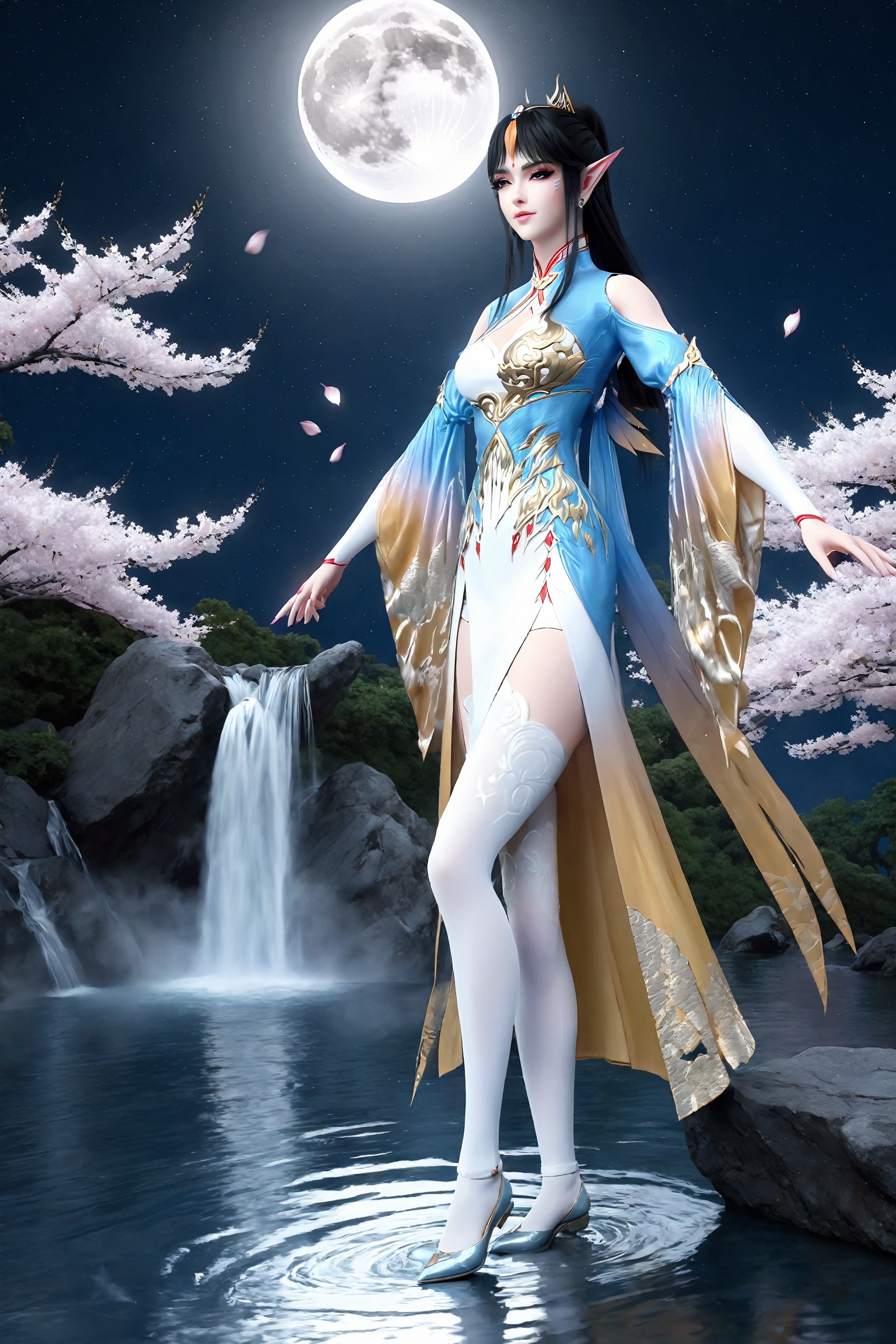 professional 3d model standing, dress, chinese_clothes, long_sleeves, detached_sleeves, hanfu, looking_at_viewer, (8k, RAW photo, best_quality),(highly_detailed),(masterpiece:1.2),(ultra-detailed),(extremely_detailed_cg_8k_wallpaper),(realistic:1.2),(photorealistic:1.3),(scenery, waterfall, (cherry_blossoms), (milfeulle_sakuraba), (petals, falling_petals), full_moon, moon, night, moonlight, night_sky, sky, petals, water, stone),1girl, solo, pointy_ears, black_hair, long_hair, hair_ornament,  eyeshadow, eyelashes, jewelry, earrings, makeup, thighhighs, white_legwear, medium_shot,(texture_skin:1.3),(shiny_skin:1.4),(an_extremely_delicate_and_beautiful),<lora:jwh_fengqinger_dpcq_xl_1.0:0.8>, . octane render, highly detailed, volumetric, dramatic lighting