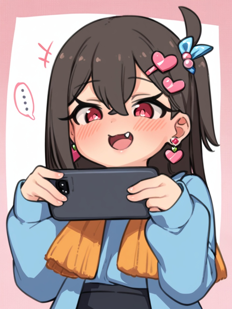 masterpiece, best quality, <lora:style578-a31-000020:1>,loli,1girl, black shorts, solo, +++, shorts, hair ornament, blue shirt, phone, japanese text, white background, fang, holding, long sleeves, spoken ellipsis, shirt, smile, heart hair ornament, blush, :d, holding phone, ..., one side up, simple background, cellphone, bangs, red eyes, short shorts, earrings, jewelry, heart, puffy long sleeves, open mouth, puffy sleeves, hairclip, food-themed hair ornament, brown hair, looking at viewer, sleeves past wrists, hands up, black hair, hair between eyes