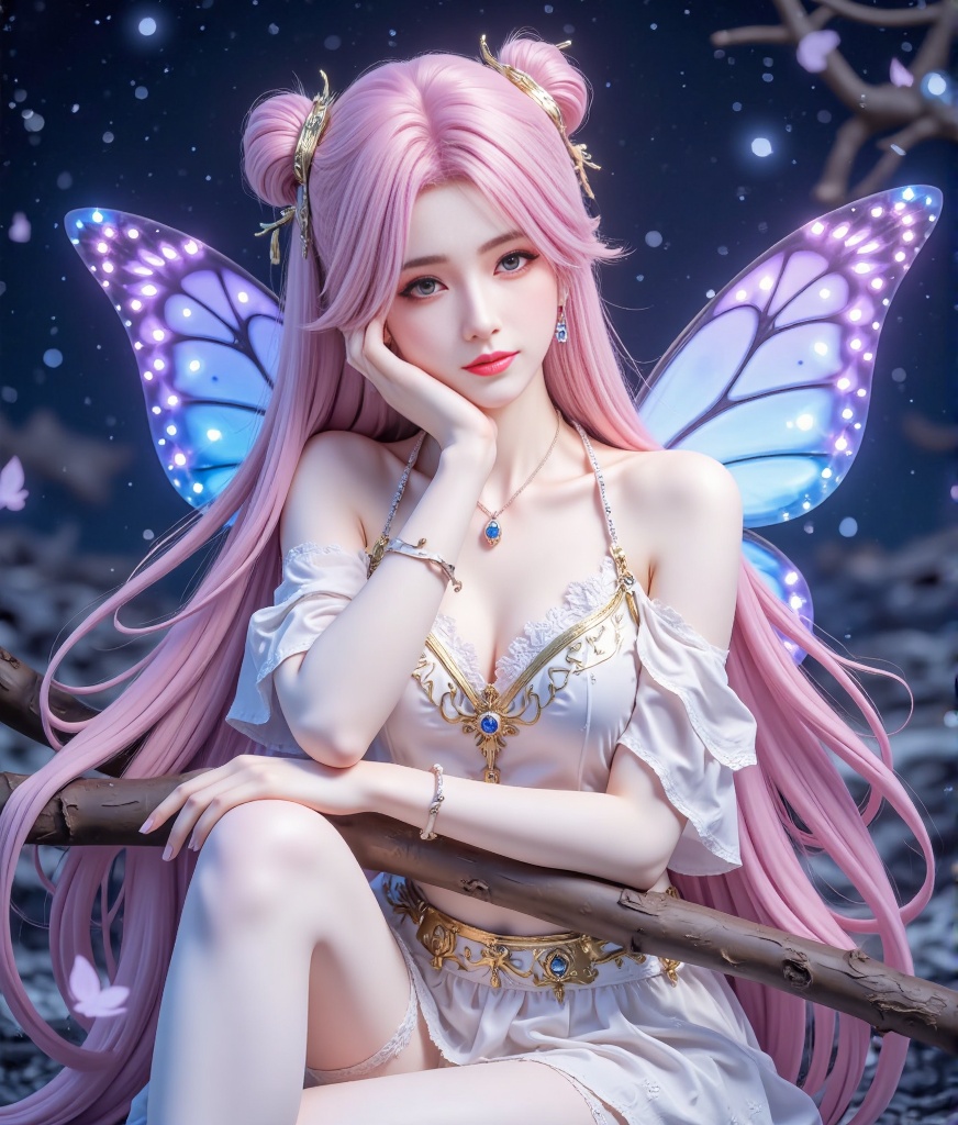 A beautiful girl with long pink hair and double ponytail,spiral behind her hair,blue gem decoration between her forehead,pale pink eye makeup,red lips,delicate face,white and tender skin,bright eyes,a slightly reddish face with a smile,a hand touching her cheek,golden gem necklace,bangle,white tights with golden patterns,translucent skirt with sequins,blue and purple gradient luminous butterfly wings behind her,leaning on the branch,dark night sky background,twinkling stars and light spots,dreamy style,ultra-fine section,ultra-realistic,masterpiece,depth of field,bright colors,ultra-light feeling,horizontal screen,