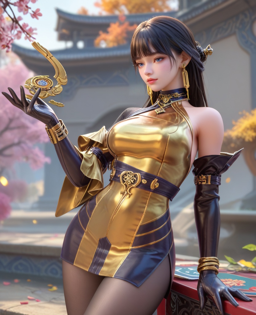 (oriental architecture, elegant decor, sophisticated style:1.1),(pose:1.1),(breasts:1.2),<lora:XL16穿越火线步练师灵魂武者:0.95>,miss bulianshi,yellow and black short dress,blue eyes,blunt bangs,black hair,half updo with long cascading hair,earrings,jewelry,black elbow gloves,bracelet,bare left shoulder,armlet,black pantyhose,yellow high heels,, score_9,score_8_up,score_7_up,score_6_up,score_5_up,score_4_up,3d rendering,tag1,tag2, Cinematic Lighting,backlighting,, zPDXL3, zPDXL2,zPDXL, zPDXLxxx, zPDXLrl,