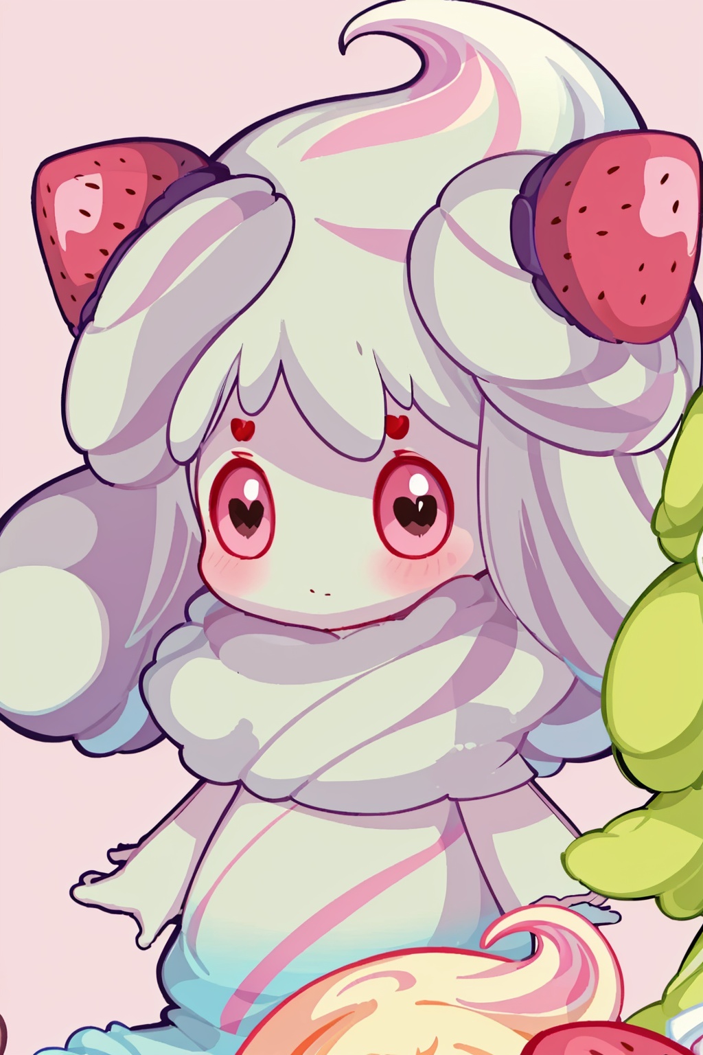 masterpiece,best quality, highly detailed, alcremie,looking at viewer,no humans,pink background,pokemon \(creature\),solo,strawberry,heart,simple background,closed mouth,<lora:alcremie:1>