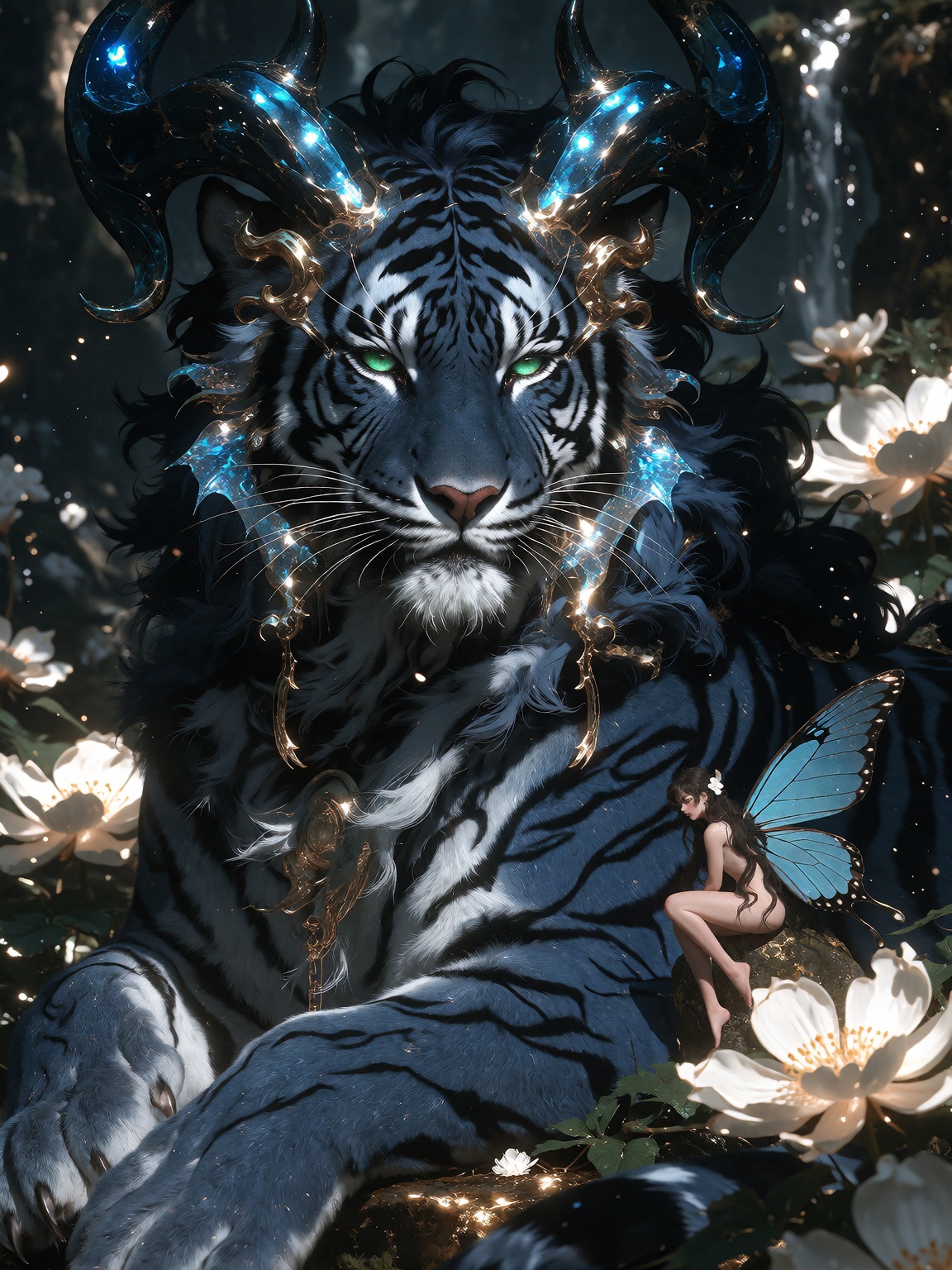 A majestic fantasy guardian beast,  a fusion of wolf,  tiger on Tensor.Art