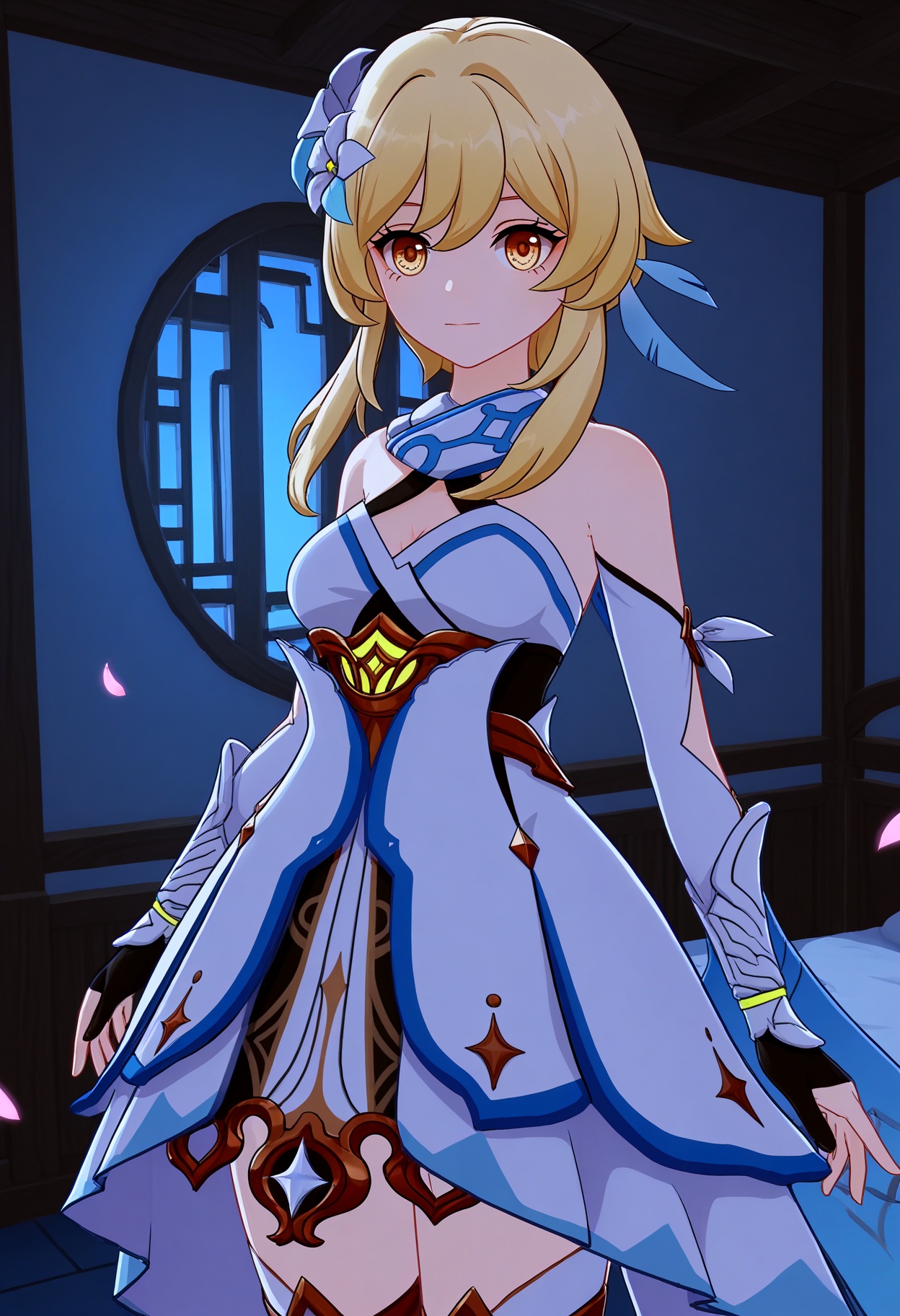 (cowboy shot:1.2),looking at viewer:1.1,masterpiece,(best quality),(mutated_hands:-1.2),(bad hands:-1.2),smog,Dark room,dim lighting,peach blossom,falling petals,<lora:YQ_Illustrious光辉二次元v1_荧_V1:0.8>,q1528437228,1girl,solo,lumine (genshin impact),blonde hair,hair ornament,dress,hair flower,white dress,short hair with long locks,detached sleeves,yellow eyes,scarf,sidelocks,feather hair ornament,gloves,white thighhighs,boots,