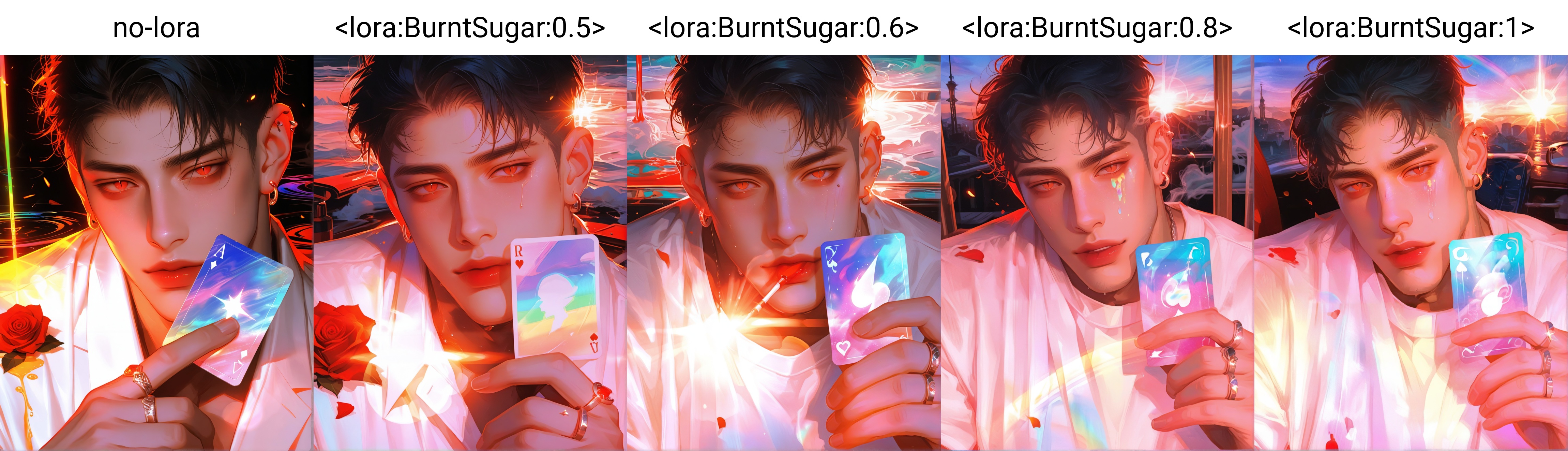 male focus, solo, mature, 1boy, male_focus, solo, looking_at_viewer, short_hair, black_hair, red_eyes, slit_pupils, shirt, holding_rose, holding_card, jewelry, multiple_rings, multiple_earrings, ear_piercing, piercing, portrait, spot_color, cinematic_lighting, backlit, lens_flare, light_rays, low_key_lighting, dramatic, embers, smoke_effect, oil_spill_reflection, rainbow_hues, gasoline_effect, iridescent_shimmer, glossy_surface, swirling_colors, surreal_background, liquid_rainbow, psychedelic_smoke, wispy_texture, neon_fog, color_gradient, abstract_fluid, no-lora