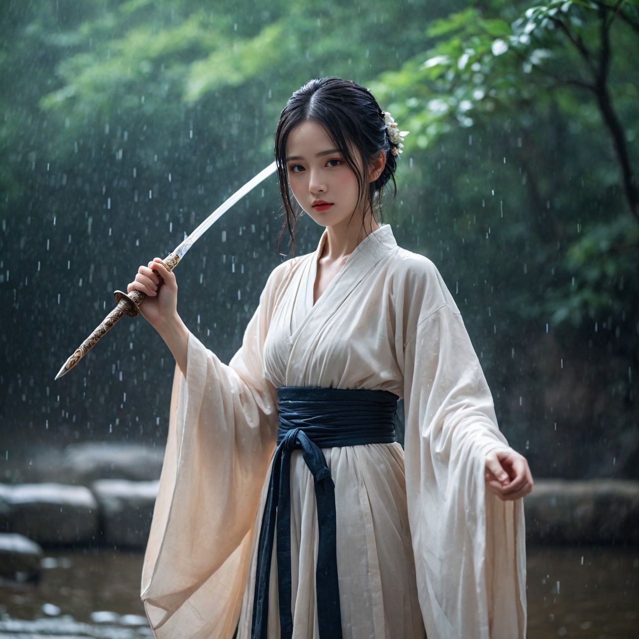A beautiful girl,hanfu,raining,Holding a sword in his hand, it rains, and he comes from above, and he is known as a martial artist, and he is a hero of arrows,wet_clothes,wet hair,
