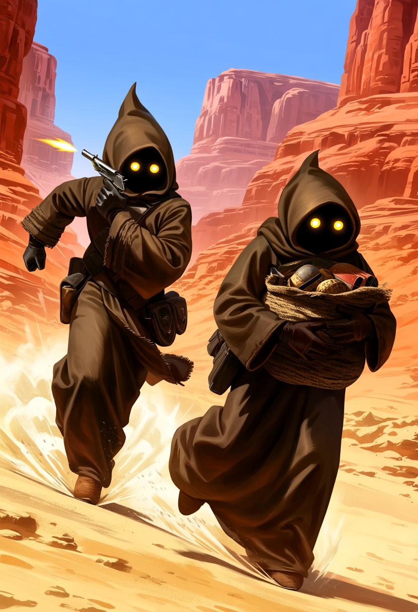 @momosammy. The setting is a vast,  sun-scorched desert canyon with towering red rock formations. Two JawaSW figures are s...