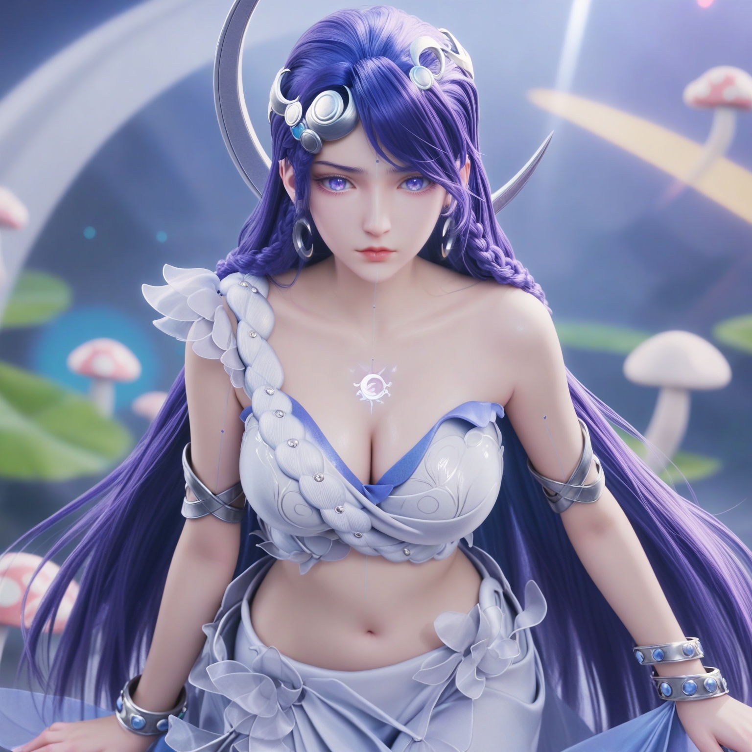 (upper_body:1.1),(huge breasts:0.9),<lora:YQponyhaiyueV4:0.8>,q1528437228,solo,1girl,long_hair,purple_hair,jewelry,hair_ornament,earrings,blue_eyes,dress,blue_hair,braid,bracelet,crescent,bare_shoulders,midriff,very_long_hair,white_dress,skirt,crescent_hair_ornament,armor,collarbone,purple_eyes,shoes,high_heels,realistic,blue_footwear,armlet,night,crescent_earrings,facial_mark,barefoot,hair_rings,long_skirt,white_pantyhose,white_skirt,wings,blue_dress,blush,(looking_at_viewer:1.1),BREAKintricate details,shiny_skin,solo focus,(blurry background:1.1),(depth of field:1.1),perfect_anatomy,(cinematic lighting:0.9),(volumetric lighting:0.9),light rays,shiny clothes,light beam,hourglass,(Short torso:1.1),(High waistline:1.1),(fluorescent mushroom forests background,:1.3),