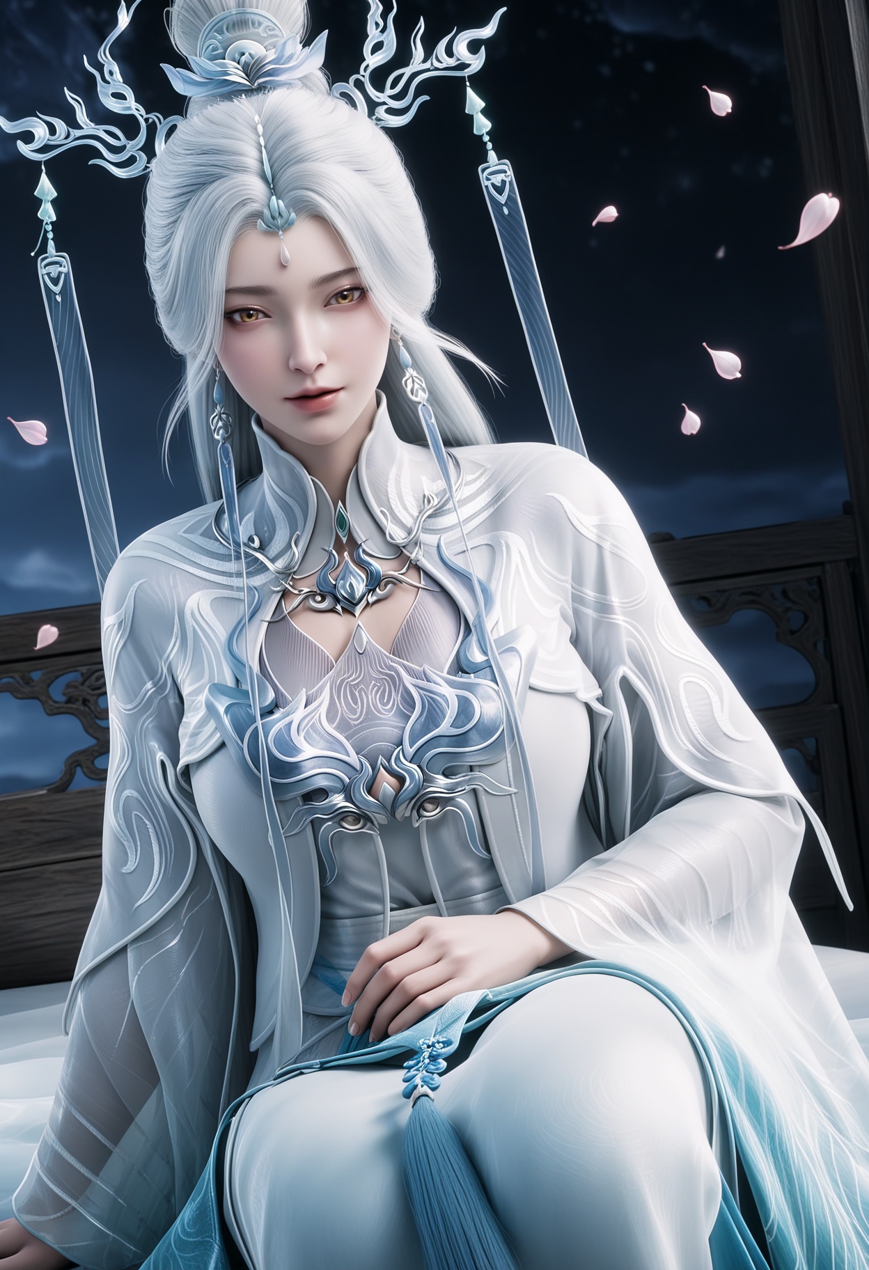 masterpiece,best quality,amazing quality,high resolution,ultra-detailed,absurdres,(looking at viewer:1.1),upper body,(Dark room:1.3),(moody lighting:1.1),peach blossom,falling petals BREAK large breasts,jianma,1girl,solo,white hair,long hair,jewelry,hair ornament,earrings,realistic,dress,chinese clothes,hair bun,white dress,long sleeves,yellow eyes,tassel,wide sleeves,barefoot BREAK photorealistic details,<lora:QQSilljianmaV1:0.8>,