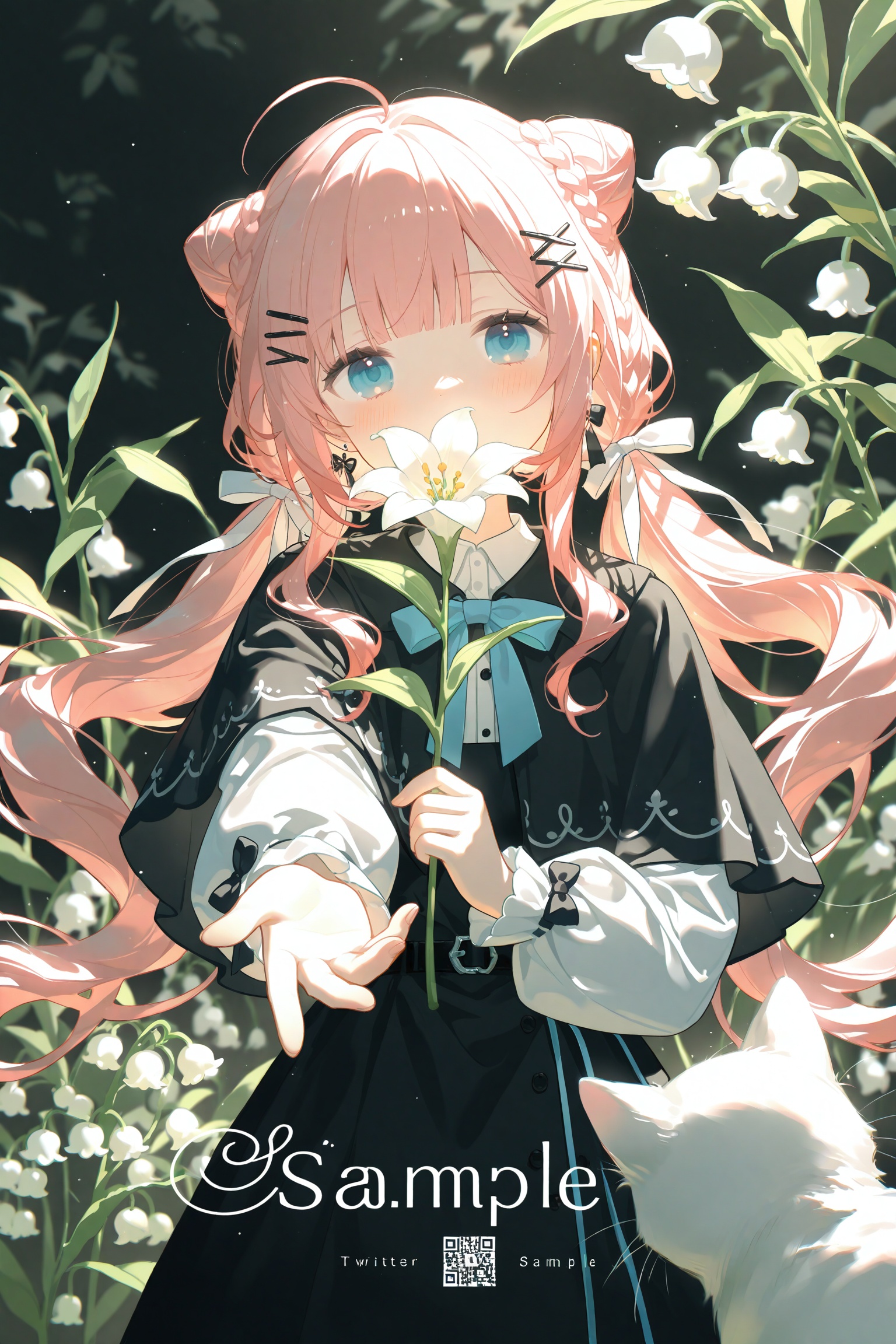 1girl, blue eyes, pink hair, cat, flower, holding flower, solo, hair bun, long hair, white cat, blush, looking at viewer, hair ornament, holding, long sleeves, ahoge, twintails, dress, bow, x hair ornament, white flower, frilled sleeves, double bun, reaching, sidelocks, virtual youtuber, bowtie, reaching towards viewer, hair bow, frills, chromatic aberration, watermark, white bow, ribbon, black dress, white dress, outstretched hand, blunt bangs, blurry background, jewelry, capelet, artist name, english text, low twintails, blue bow, hairclip, skirt, blurry, plant, cowboy shot, earrings, puffy long sleeves, black capelet, open hand, lily of the valley, sample watermark, black bow, twitter username, hair ribbon, braid, black skirt, belt, 2023, covering own mouth, outstretched arm, blue bowtie, hair flower, frilled dress, puffy sleeves, covered mouth, collared dress, blonde hair, white ribbon, qr code