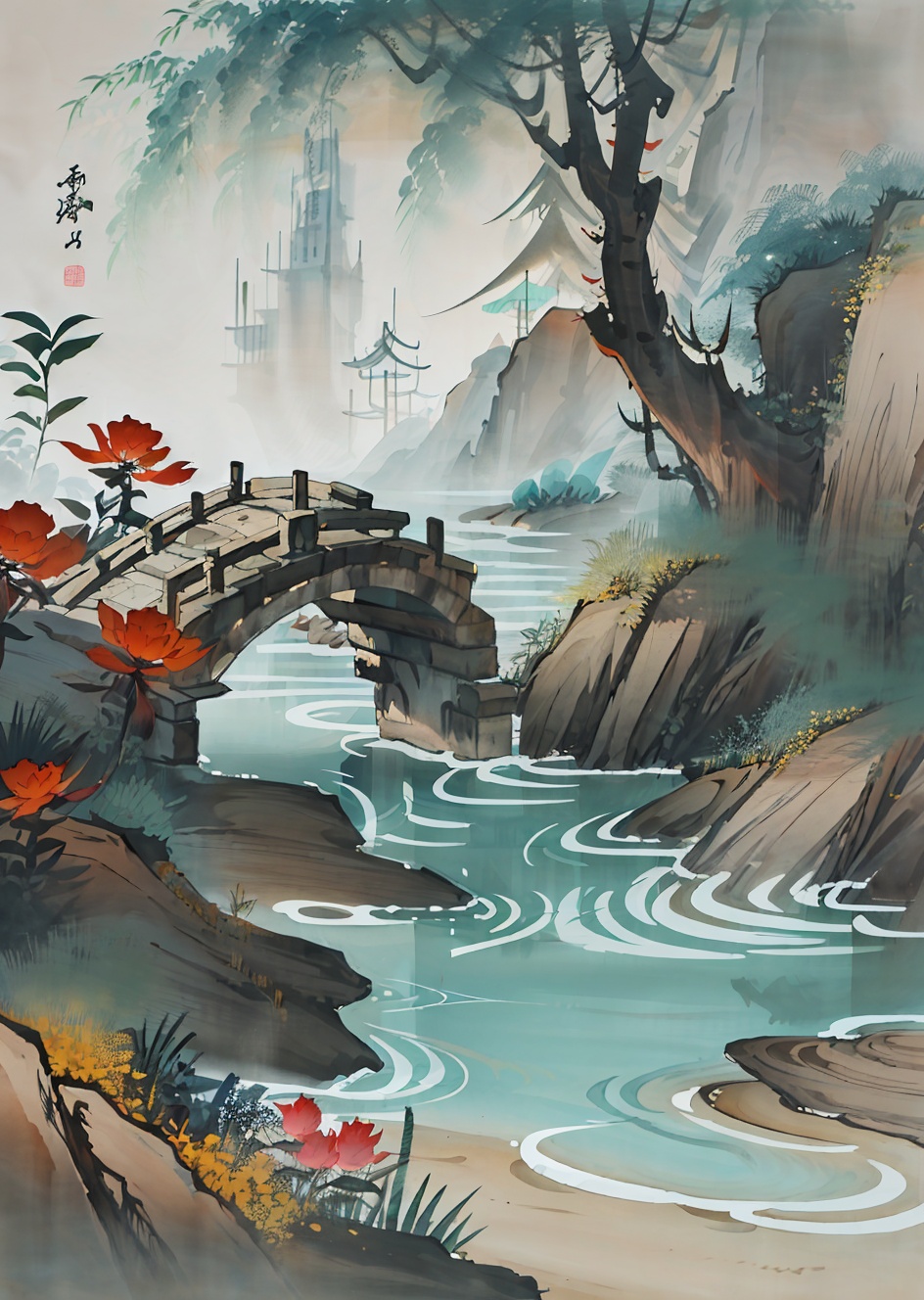 huaniao, [(white background:1.5)::5], mid shot, full body, chinese style, flowers,((fish)),stone fragment, beautiful detailed water,pool,  <lora:huaniao:1>