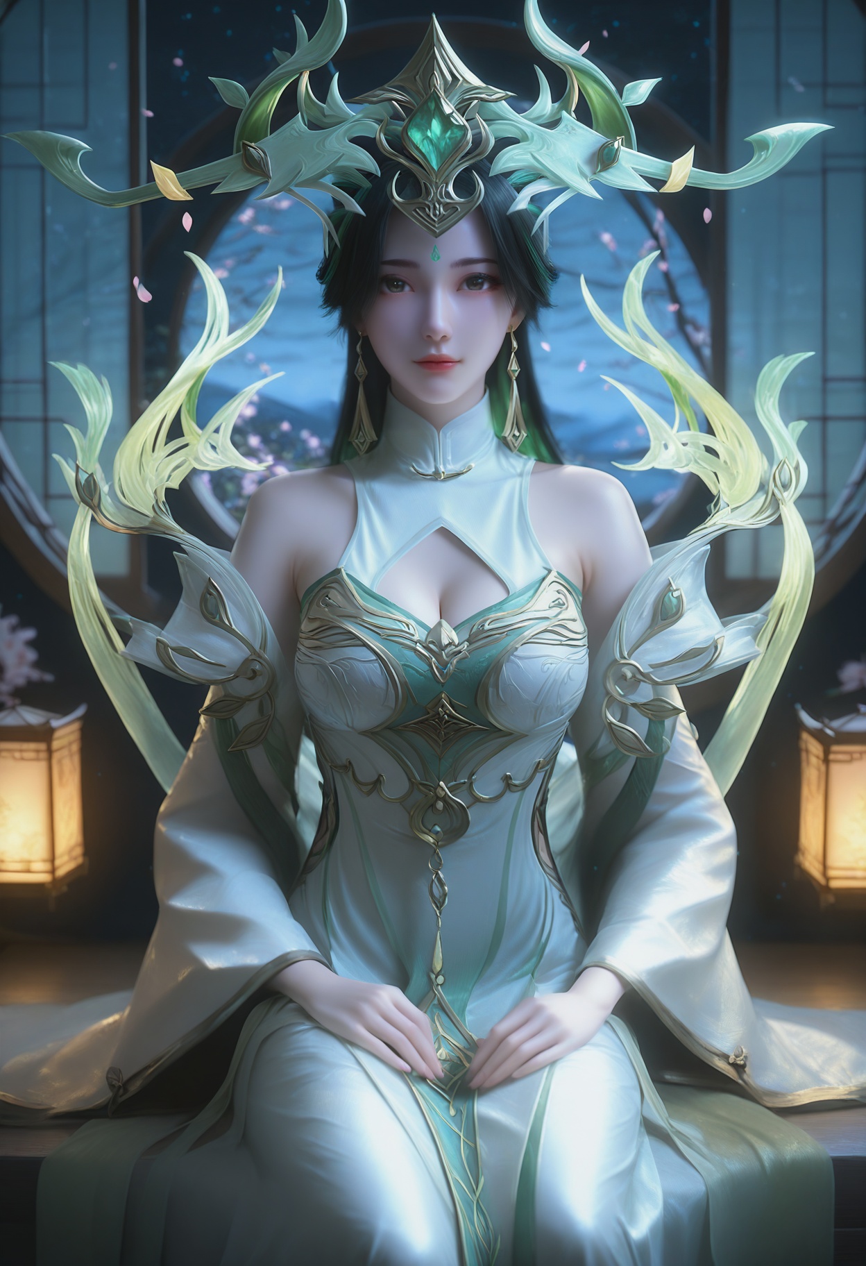 Liu_shen,1girl,long hair,black hair,hair ornament,dark background,earrings,jewelry,facial mark,forehead mark,green hair,bare shoulders,streaked hair,multicolored hair,<lora:Liu_shen_10_illu-000006:0.75>,dress,white dress,long sleeves,cleavage cutout,chinese clothes,wide sleeves,photorealistic,hyperrealistic,<lora:realistic filter [IL]:1>,looking at viewer,(pale skin:0.9),sitting,lantern,open window,looking at viewer,indoors,mountains,blossoms,flowers,east asian architecture,beautiful sunrise,warm ambient temperature,
