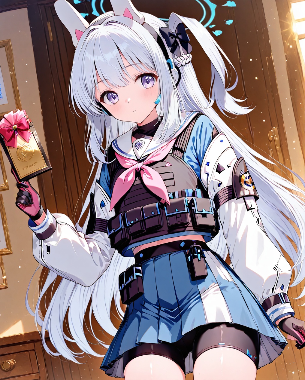 O,Miyako \(blue archive\),1girl, solo, halo, gloves, neckerchief, skirt, long hair, white hair, animal ears, pink neckerchief, looking at viewer, purple eyes, fake animal ears, black gloves, blue serafuku, bulletproof vest, sailor collar, school uniform, serafuku, pleated skirt, holding, one side up, blue skirt, tactical clothes, bow, hair bow, white sailor collar, long sleeves, bangs, braid, closed mouth, two-tone gloves, shirt, bike shorts, black bow, rabbit ears,(UHD),anatomically correct,accurate,textured skin,super detail,high details,award winning,best quality,high quality,retina,HD,16k,1080P,