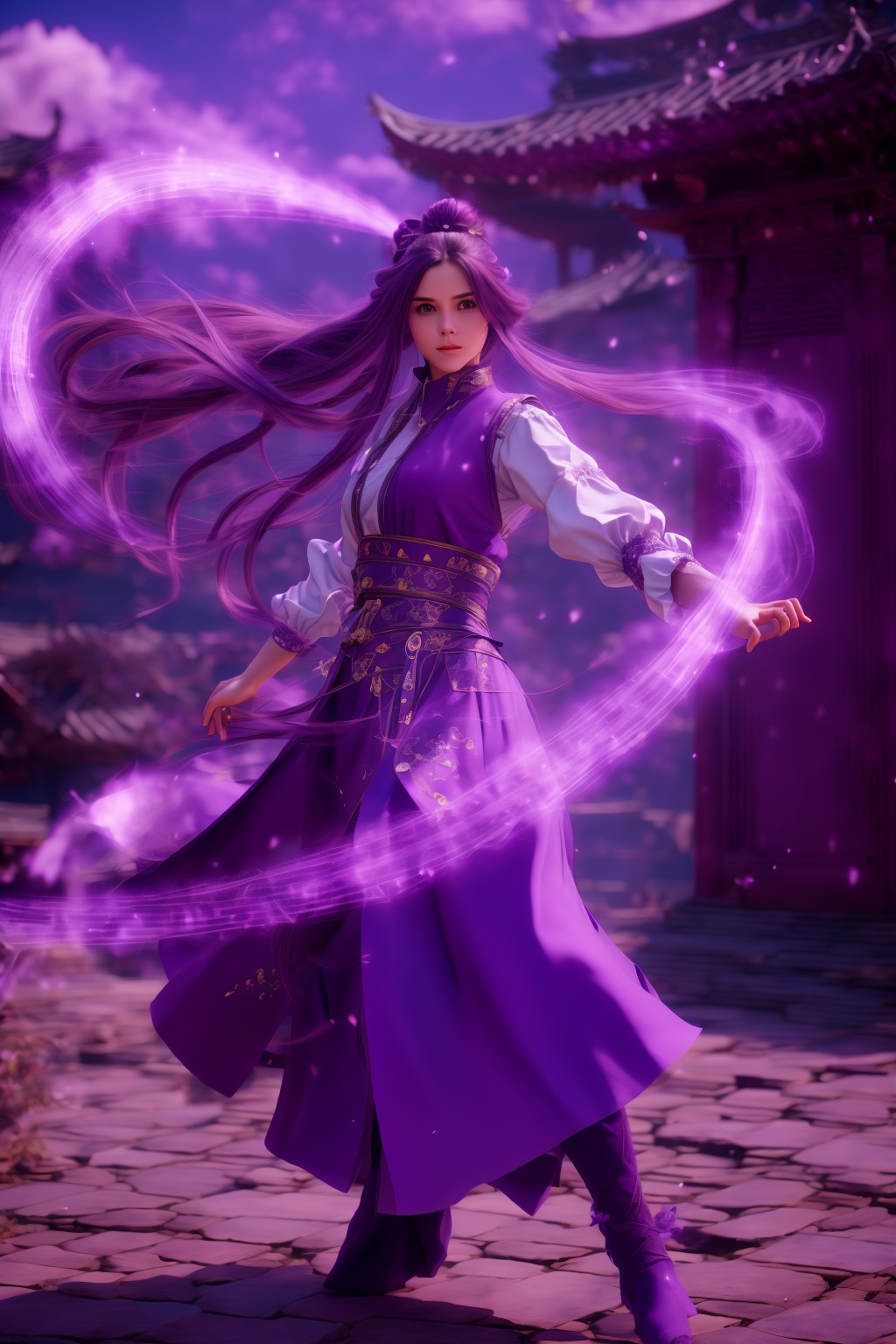 purple-aura,using purple-magic,purple-magic,ancient-costume,dancing,fighting stance,1girl,solo,long hair,brown hair,<lora:magic_fighting_purple_512_15:0.8>,