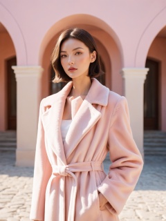 (super model:1.2),looking_at_viewer,delicate texture skin,(pink mink coat:1.1),white pantyhose,(fashion clothing design:1.1),soft sunlight,perfect light,outdoors,(surrealist architecture:1.1),soft color architecture,minimalist aesthetics,morandi shades,masterpiece:1,2),best quality,masterpiece,highres,perfect lighting,