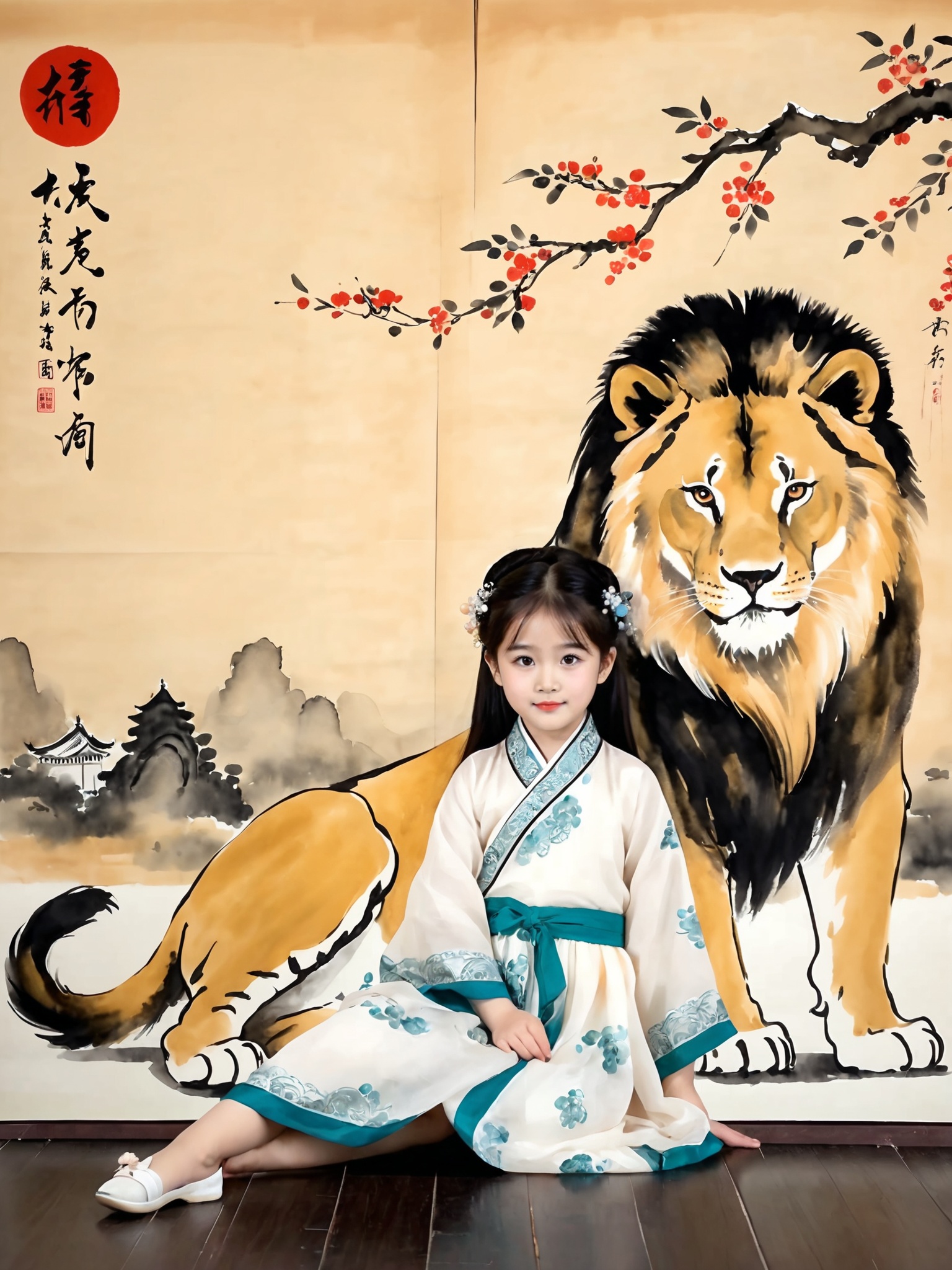 Tradition Chinese Ink Painting style of A lovely girl in traditional Chinese dress and Chinese lion awakening,the girl is three years old,fat,dry brush painting,watercolor ink painting,full body,extreme long shot,