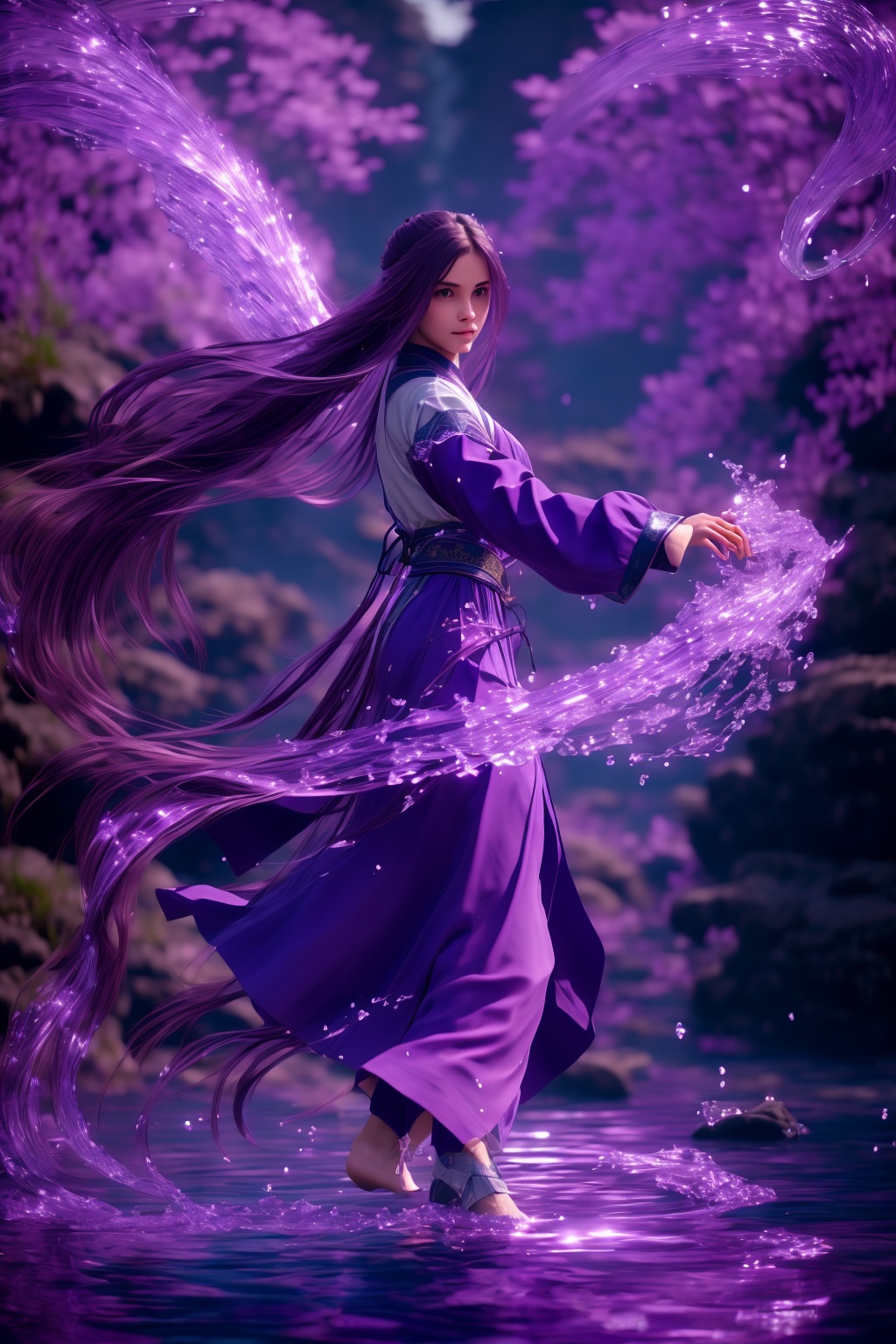 purple-water-aura,using purple-water-magic,purple-water-magic,ancient-costume,dancing,fighting stance,1girl,solo,long hair,brown hair,<lora:magic_fighting_purple_512_15:0.8>,